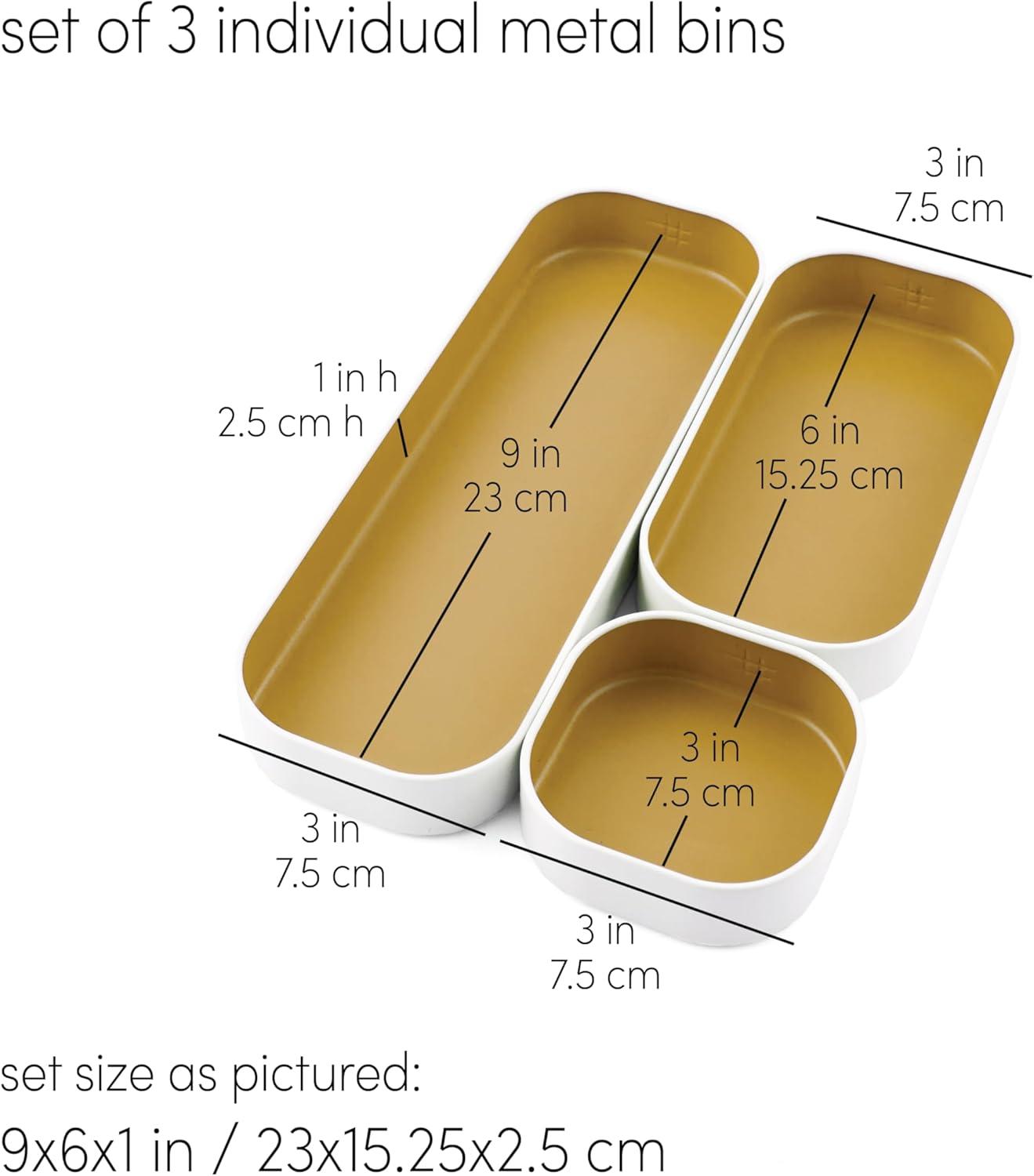 Gold and White Metal Drawer Organizer Tray Set, 3 Pieces