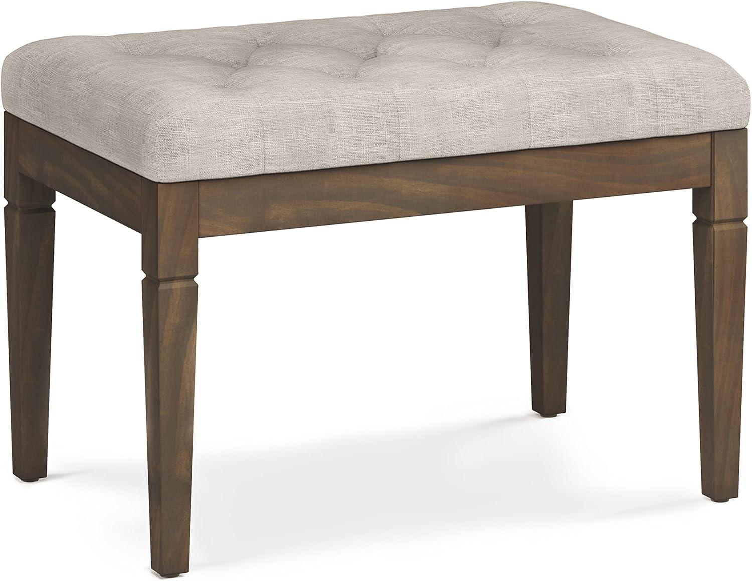 SIMPLIHOME Waverly 28 inch Wide Traditional Rectangle Small Tufted Ottoman Bench in Natural Linen Look Fabric, Assembled, For the Living Room and Bedroom