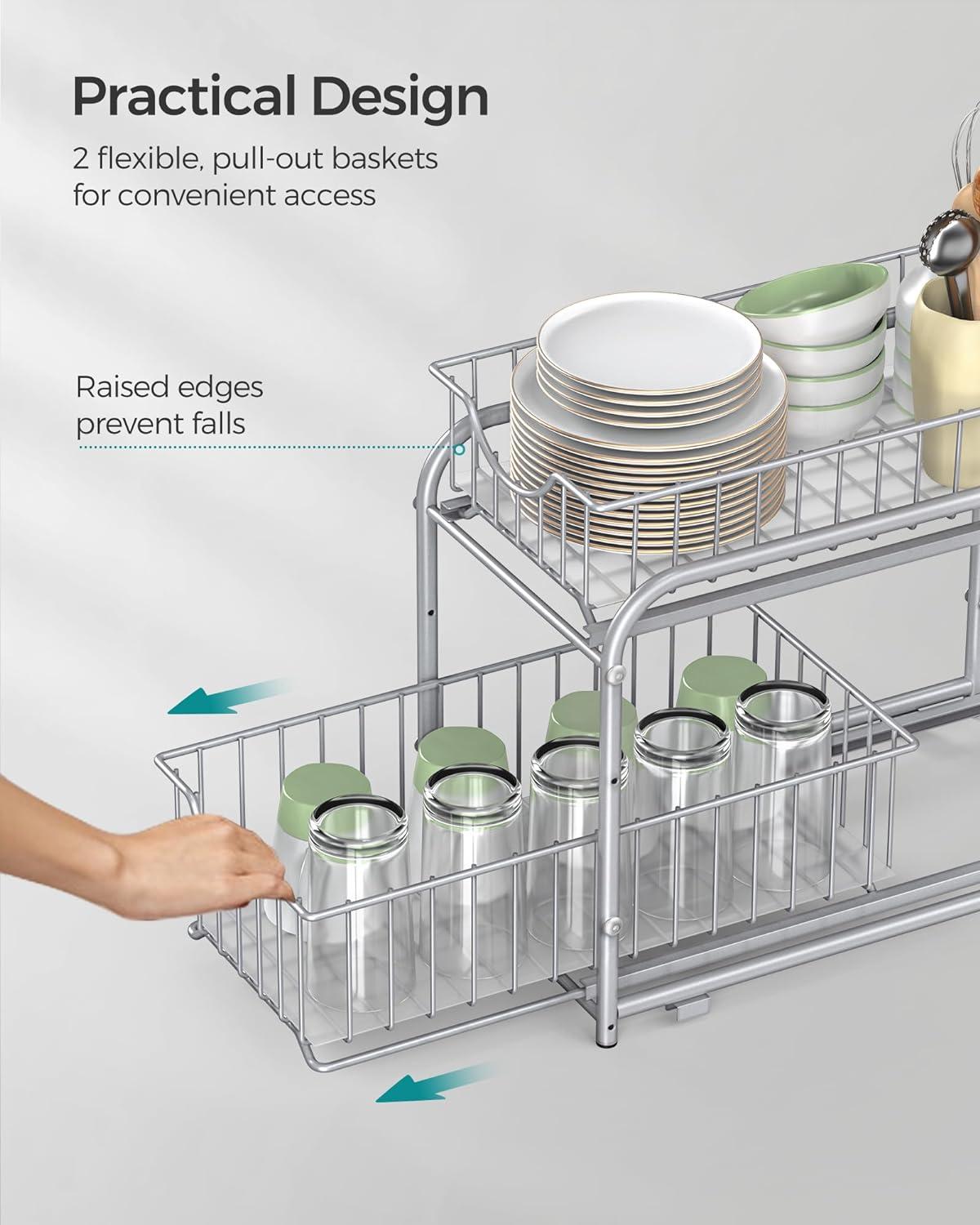 Silver 2-Tier Sliding Cabinet Organizer with Plastic Drawers