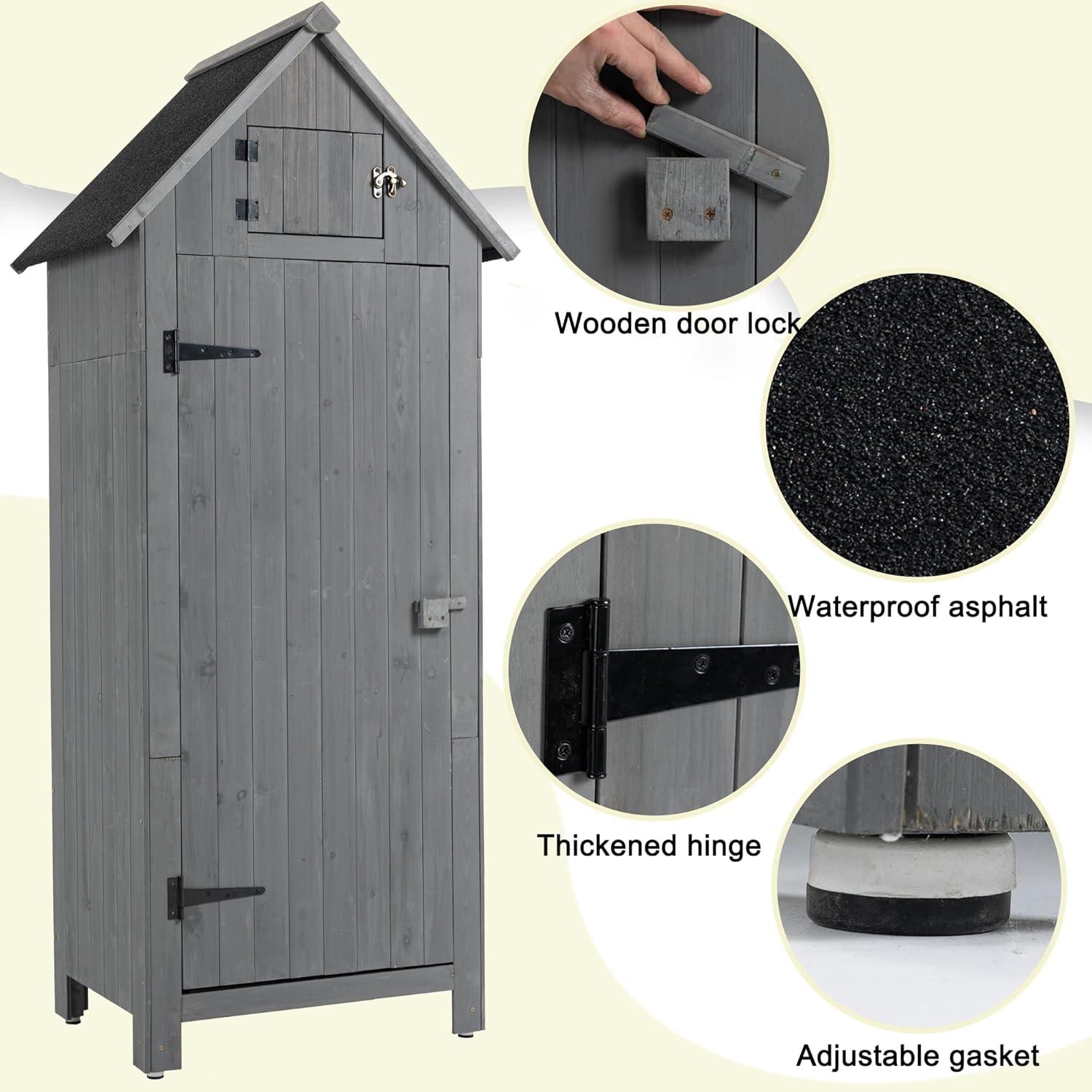 Gray Wooden Outdoor Storage Shed with Shelves and Lockable Doors