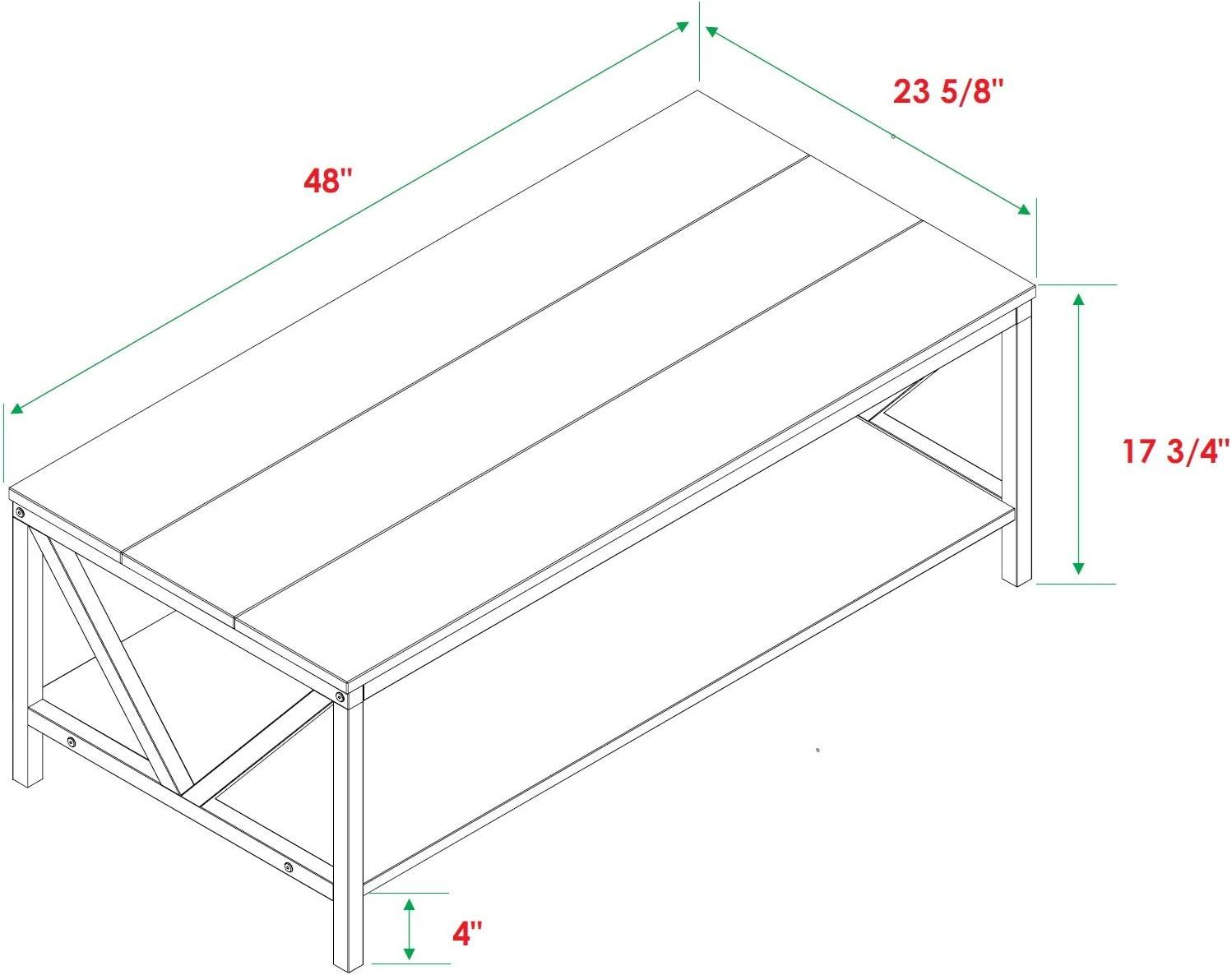 48" Distressed Pine Wood Farmhouse Coffee Table with Shelf