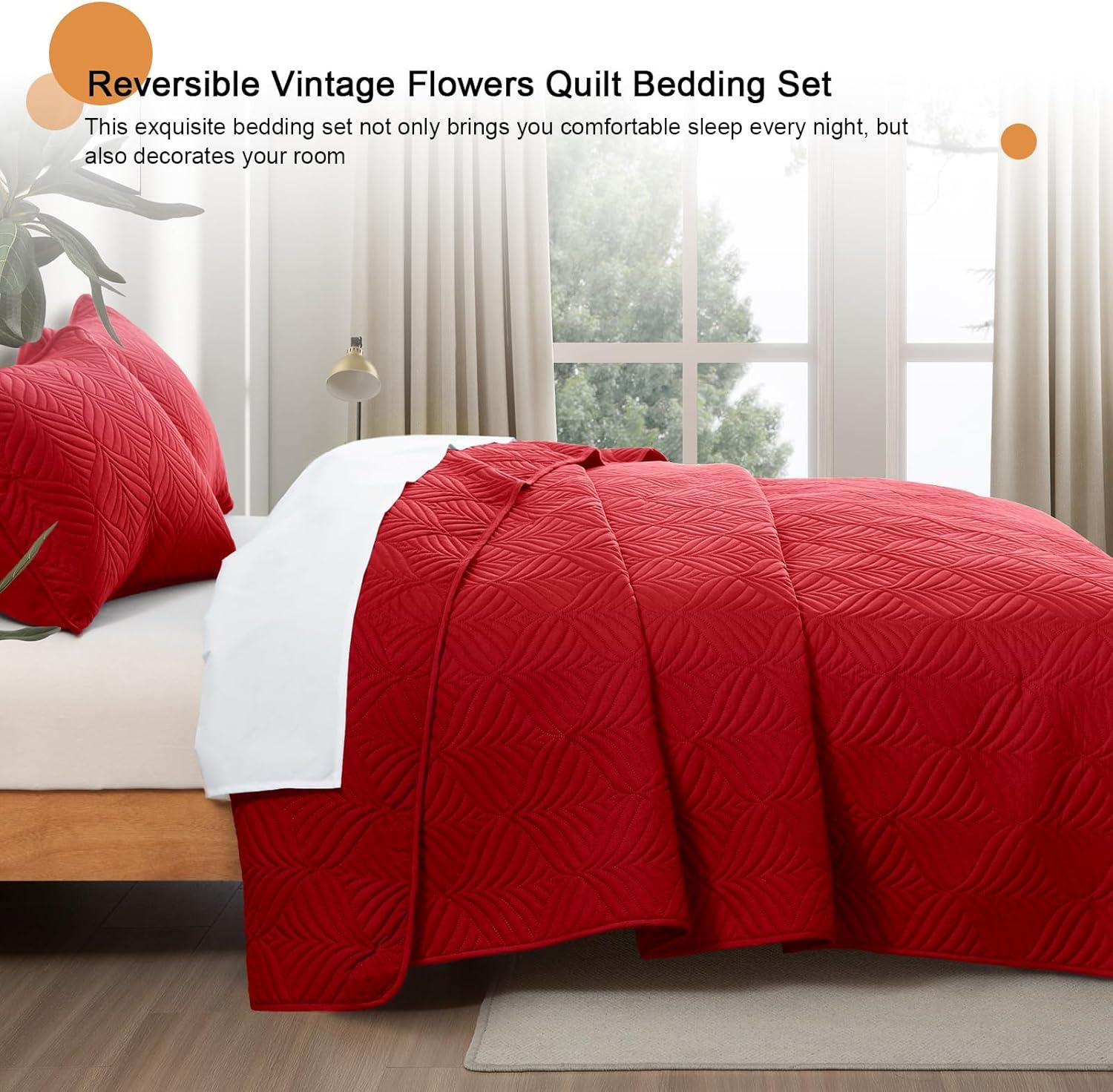 Whale Flotilla Microfiber Queen Size (96x90 inches) Quilt Set Lightweight Ultrasonic Quilted Bedspreads Coverlets Set with Classic Pattern, Red, 3 Piece (1 Quilt, 2 Pillow Shams)