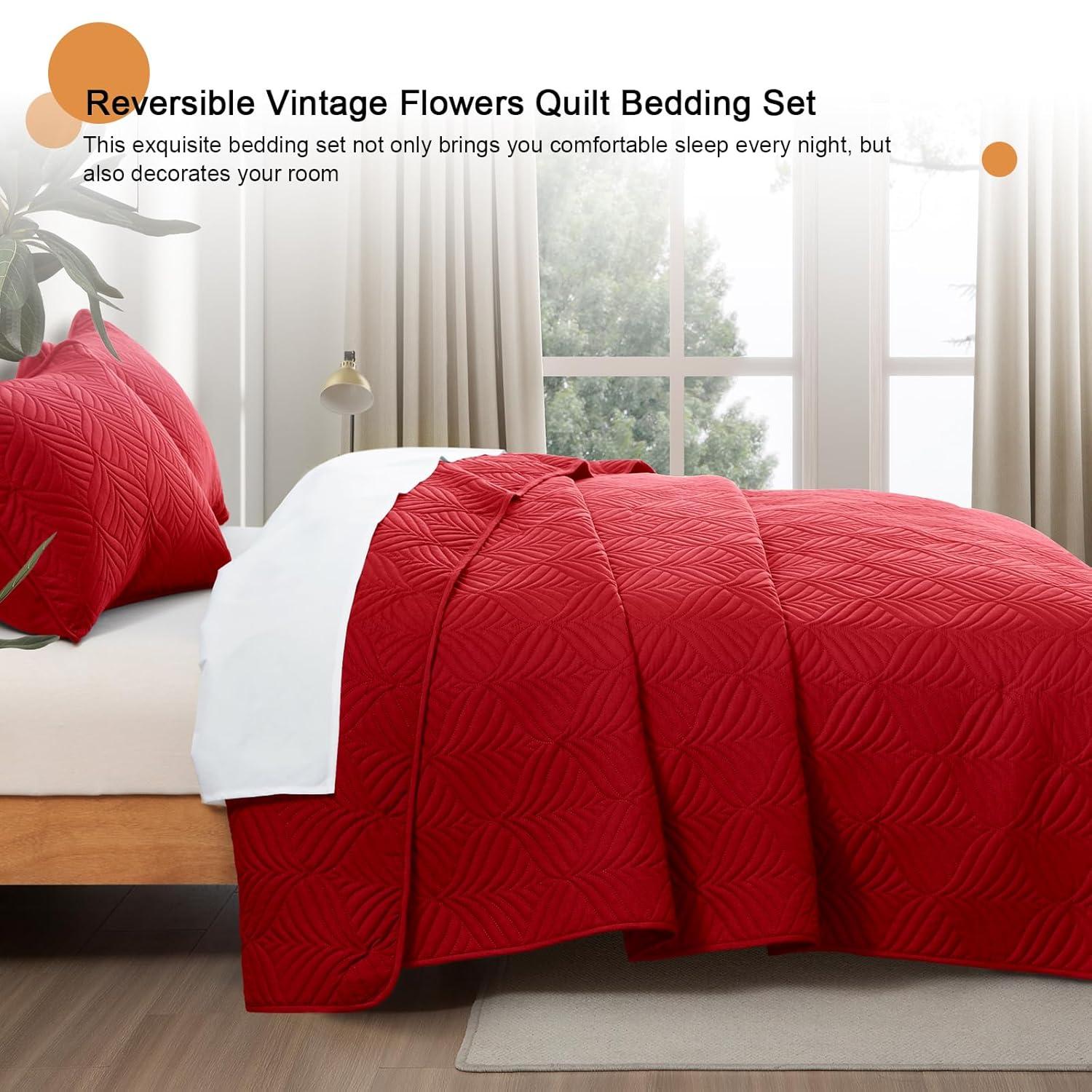 Whale Flotilla Microfiber Queen Size (96x90 inches) Quilt Set Lightweight Ultrasonic Quilted Bedspreads Coverlets Set with Classic Pattern, Red, 3 Piece (1 Quilt, 2 Pillow Shams)