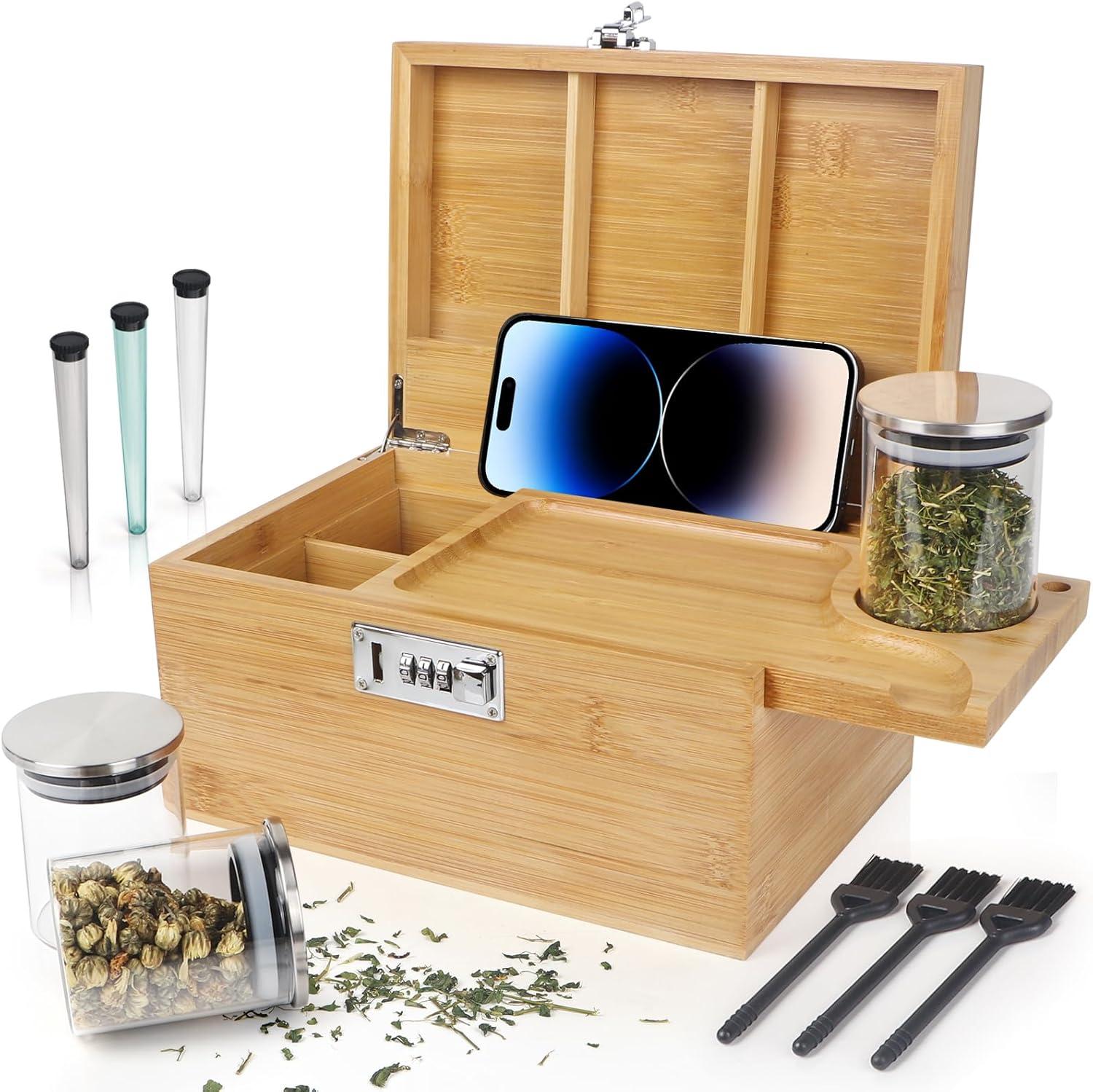 Large Bamboo Box with Combination Lock, Decorative Storage Box with Detachable Compartment, Wooden Boxes with Alright Jars & Brushes as Great Gift Choice.