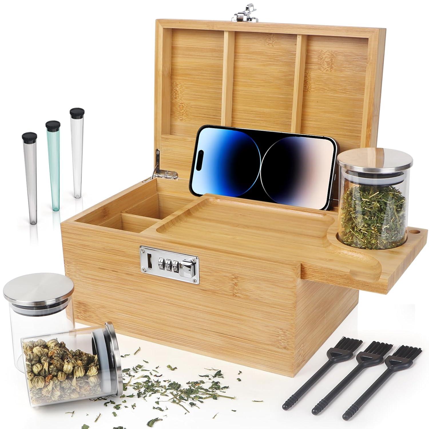 Large Bamboo Box with Combination Lock, Decorative Storage Box with Detachable Compartment, Wooden Boxes with Alright Jars & Brushes as Great Gift Choice.