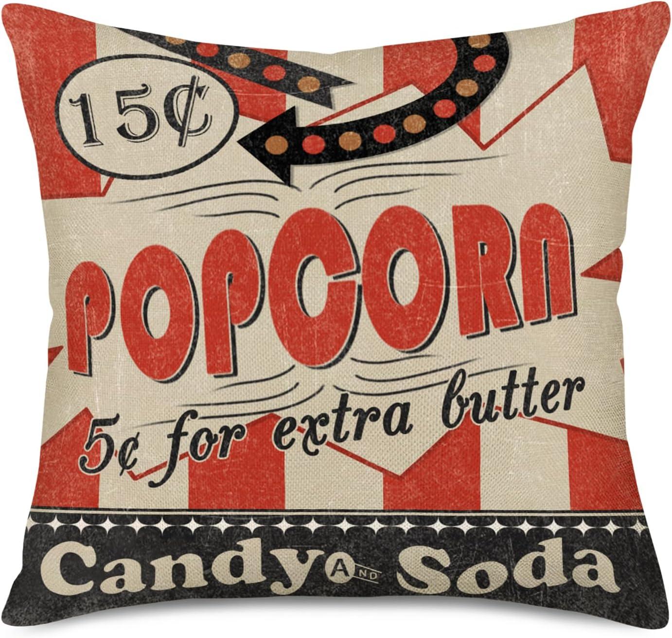 Smilyard Movie Theater Cinema Throw Pillow Covers Vintage Cinema Ticket with Popcorn Throw Pillow Case 18x18 Inch Cotton Linen Personalized Home Decor Cushion Cover for Sofa Set of 4 (Cinema Set)