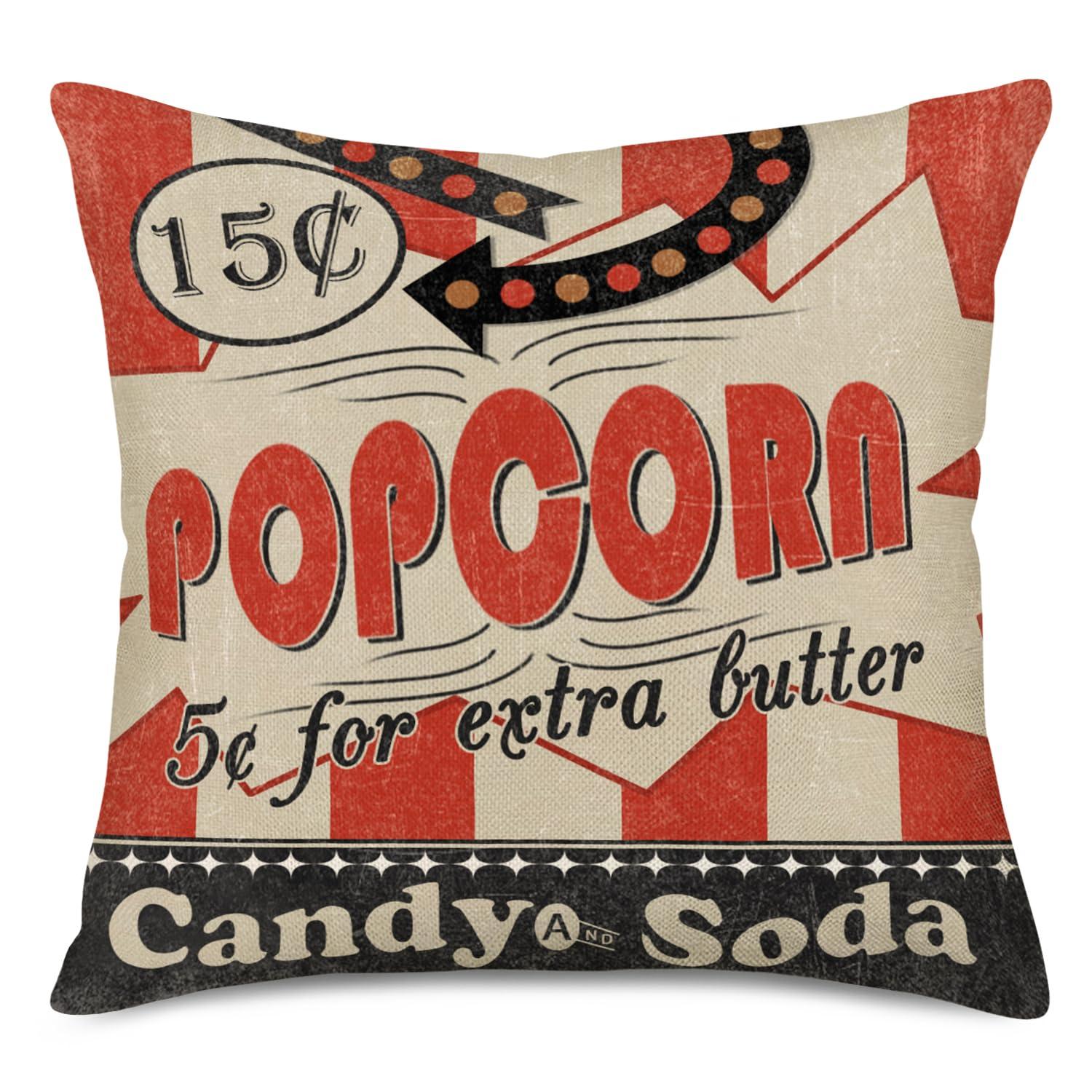 Smilyard Movie Theater Cinema Throw Pillow Covers Vintage Cinema Ticket with Popcorn Throw Pillow Case 18x18 Inch Cotton Linen Personalized Home Decor Cushion Cover for Sofa Set of 4 (Cinema Set)