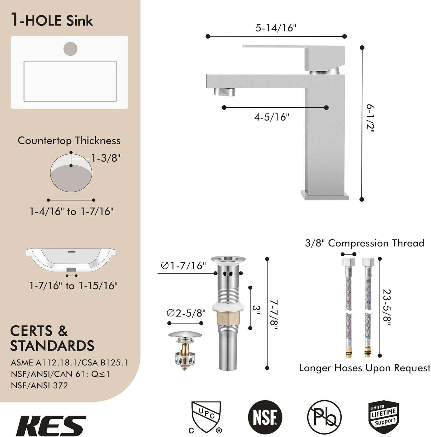 KES Bathroom Faucet Single Handle Sink Drain Assembly cUPC Certified Stainless Steel