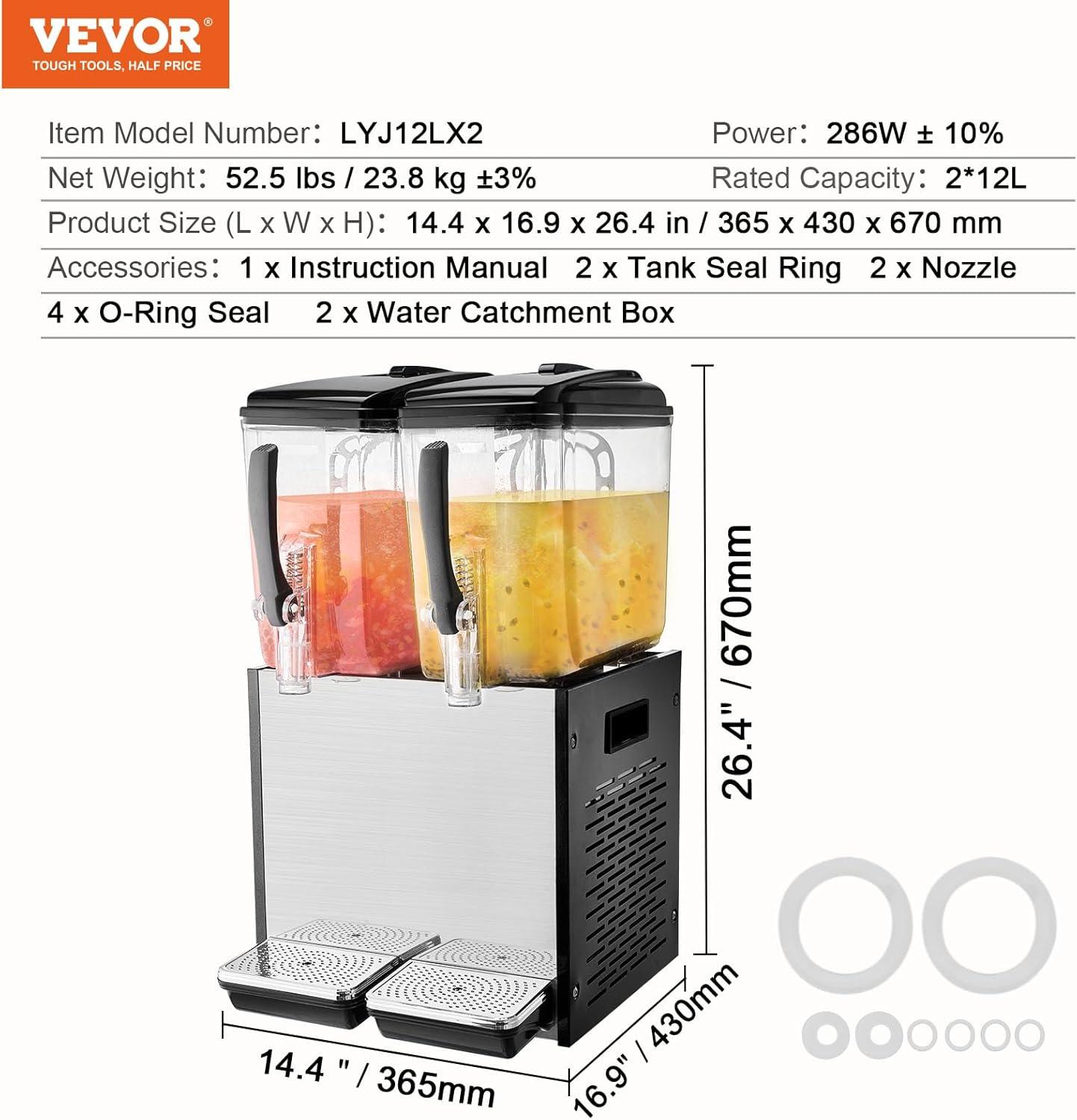 VEVOR Commercial Beverage Dispenser 12L x 2 Tanks Cold Juice Ice Drink Dispenser