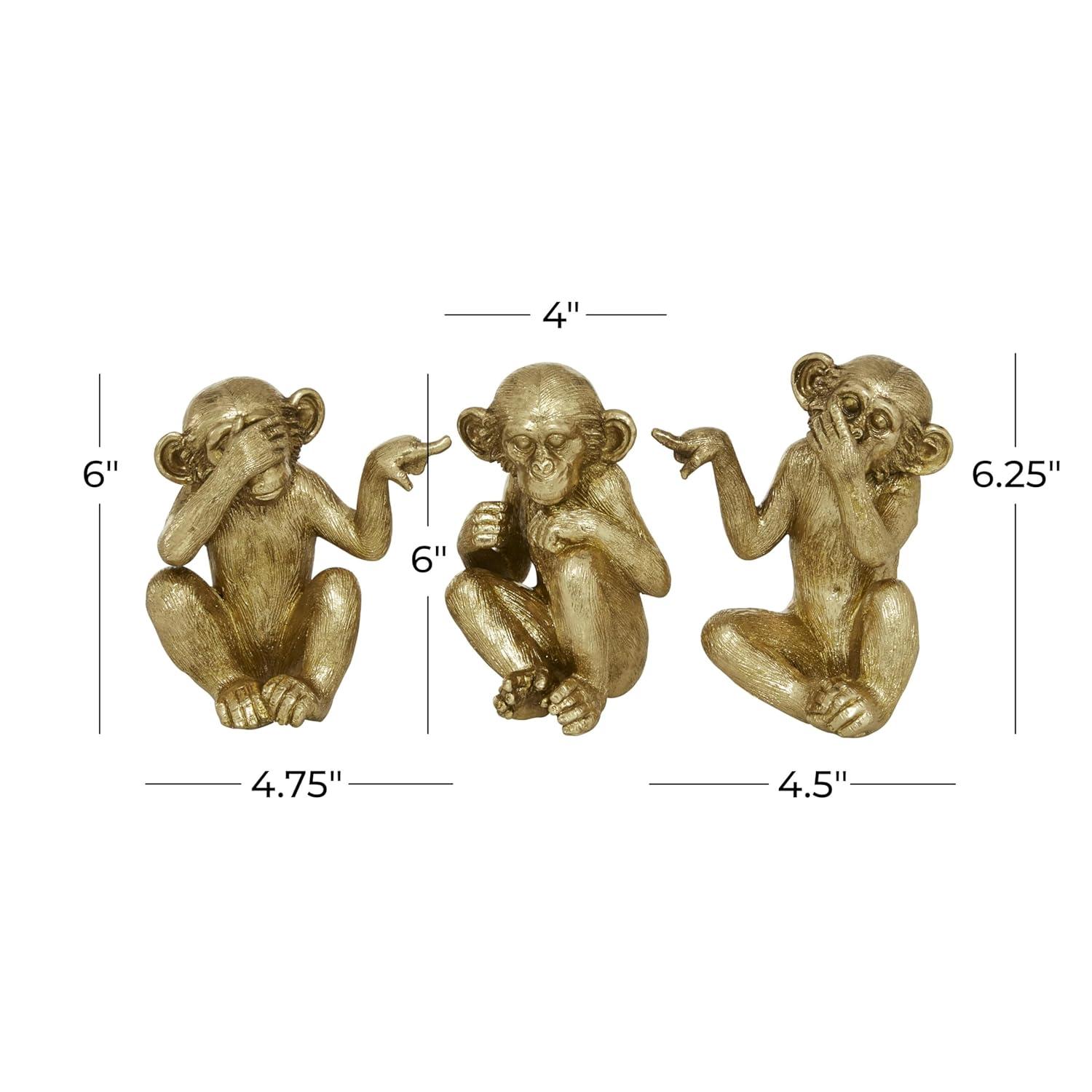 6", 6", 6"H Gold Polystone See No Evil Monkey Sculpture, by DecMode (3 Count)