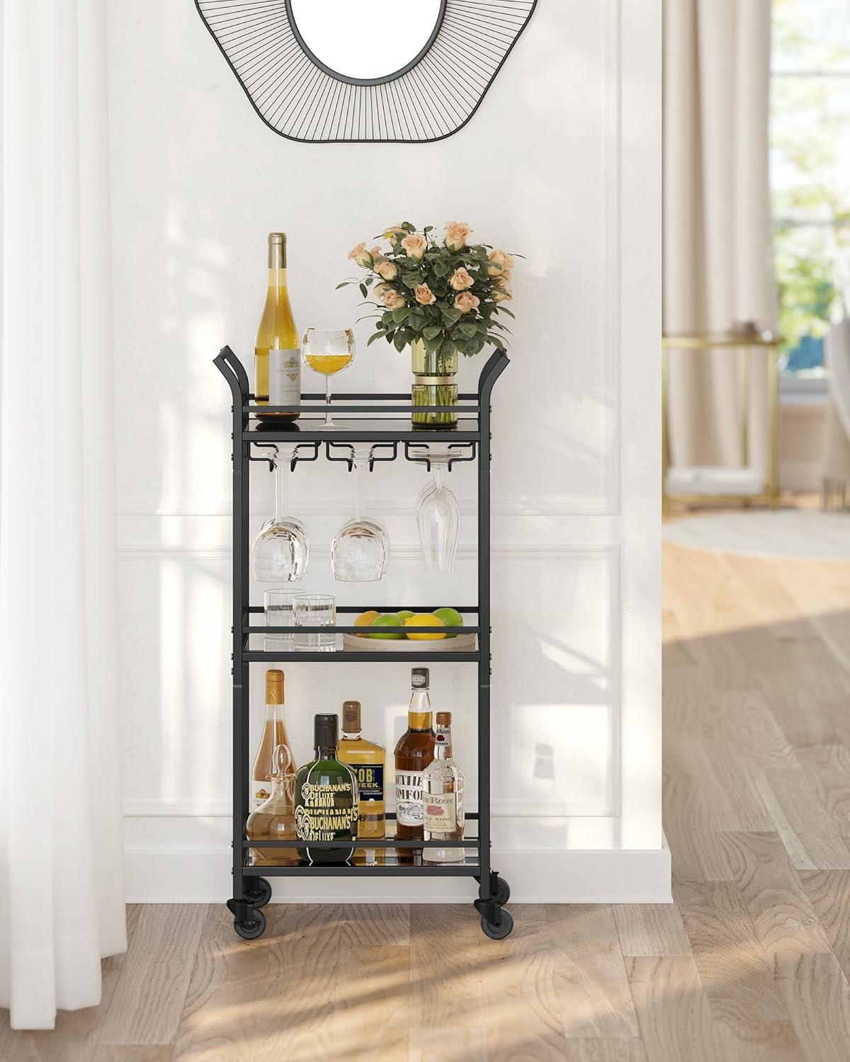 Ink Black 3-Tier Steel and Glass Bar Cart with Storage