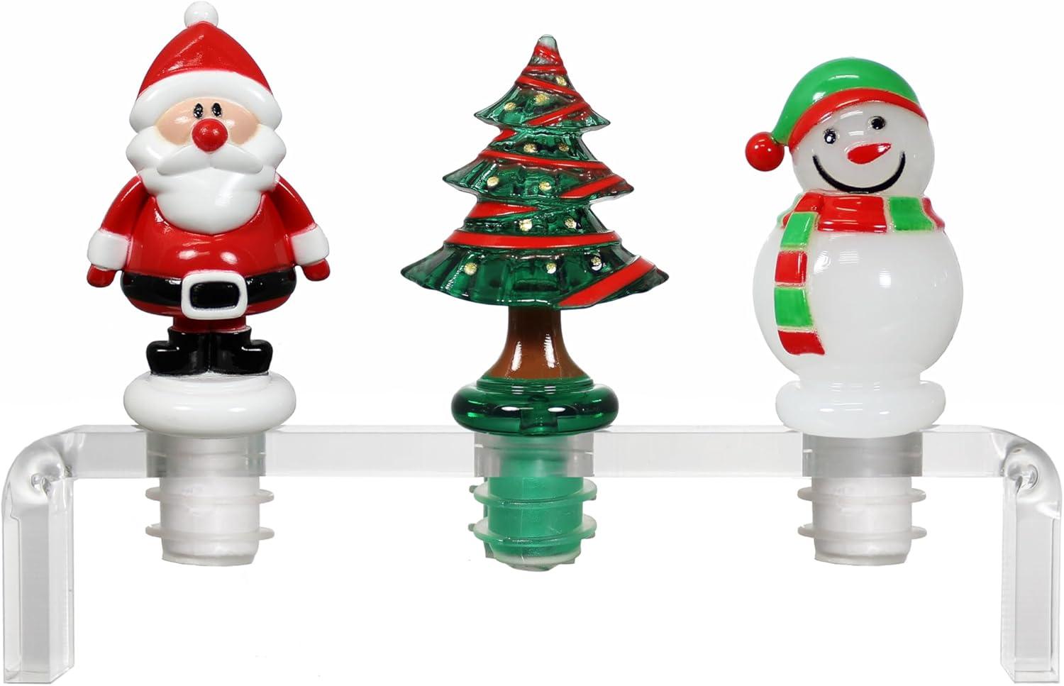Prodyne Set of 3 Christmas Holiday Acrylic Bottle Stoppers with Stand, Santa Claus, Christmas Tree, Snowman