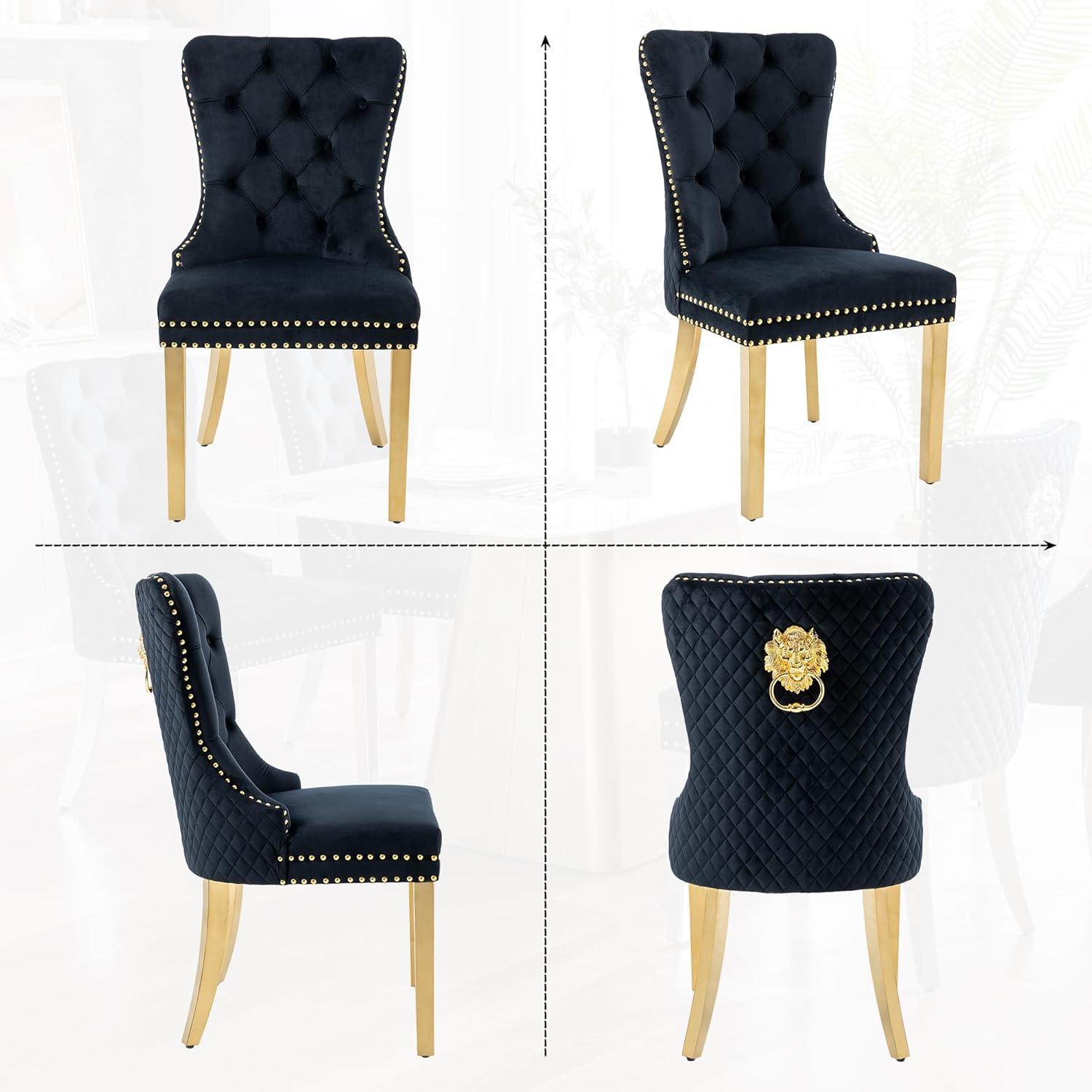 ODUSE-DAILY Black Velvet Dining Chairs Set of 6, Kitchen & Dining Room Chairs, Nailheads Tufted, Sillas De Comedor, Fabric Upholstered, Golden Metal Legs (Black, 6 Pcs)