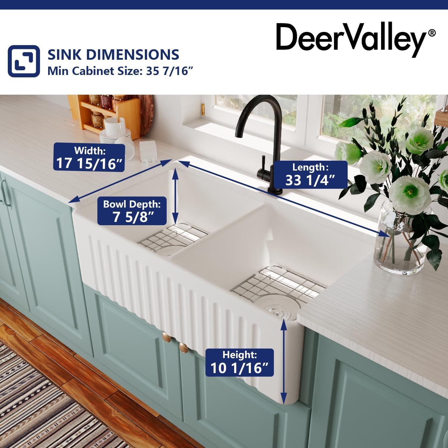 DeerValley DV-1K028 Ceramic Double Basin Kitchen Sink with Grid and Strainer,33" L x 18" W x 10" H