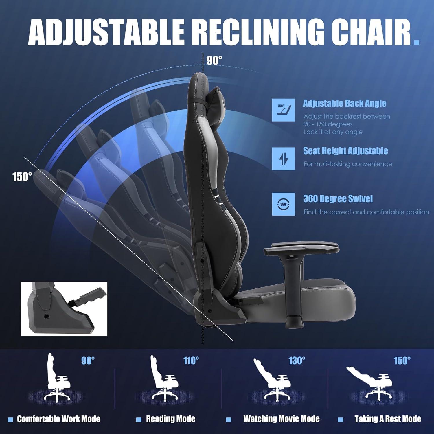 Big and Tall Gaming Chair with Footrest 350lbs-Racing Style Computer Gamer Chair, Ergonomic High Back PC Chair with Wide Seat, Reclining Back, 3D Armrest, Headrest and Lumbar Support for Adult-Black