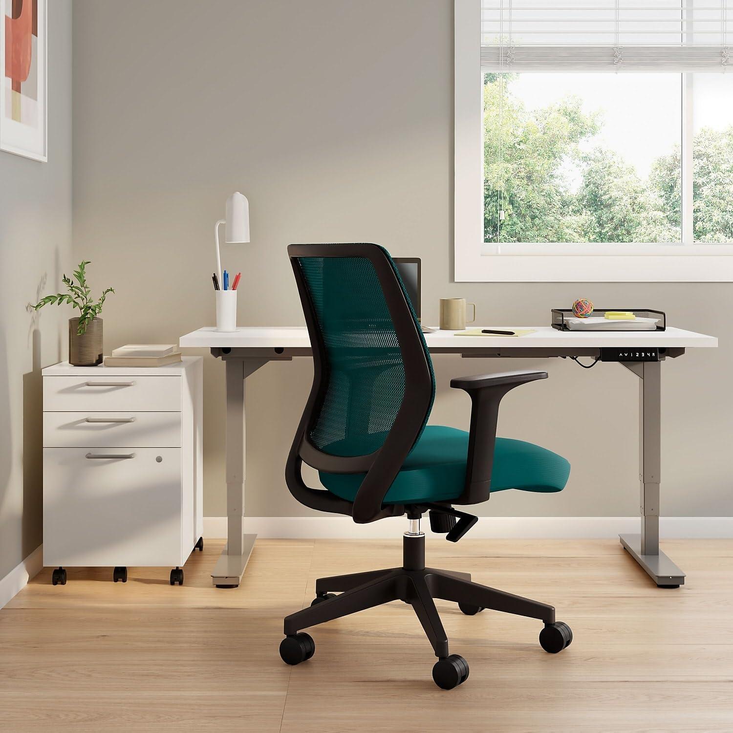 Teal Mesh and Fabric Ergonomic Swivel Task Chair with Fixed Arms