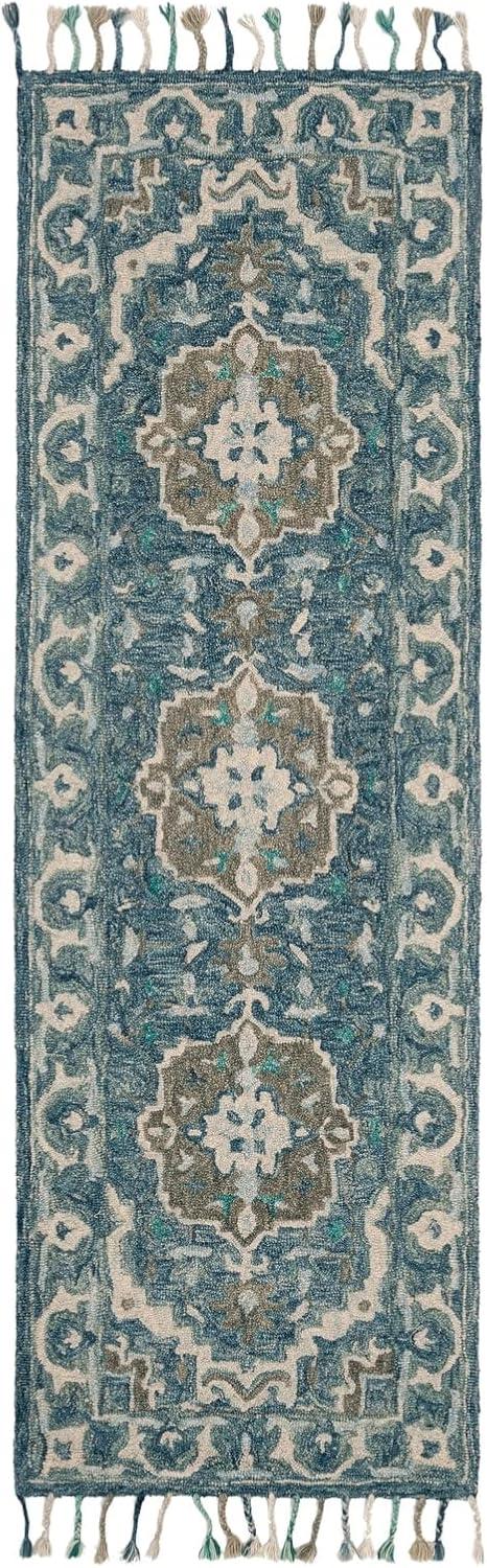 Bohemian Bliss Dark Blue Floral Hand-Tufted Wool Area Rug - 9' x 12'