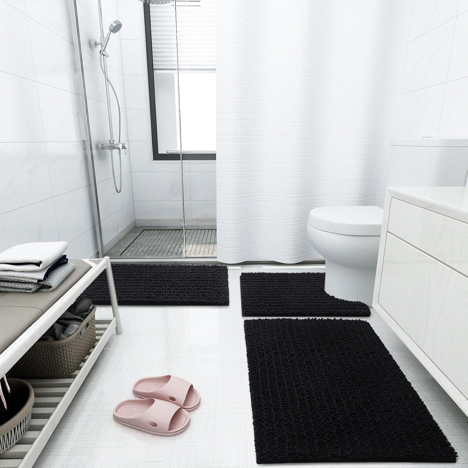 Luxury Chenille Bathroom Rug Mat, Extra Soft Thick Absorbent Shaggy Bath Rugs, Non-Slip Machine Wash Dry Plush Bath Mats for Bathroom, Shower, and Tub (24"x16", Light Grey)