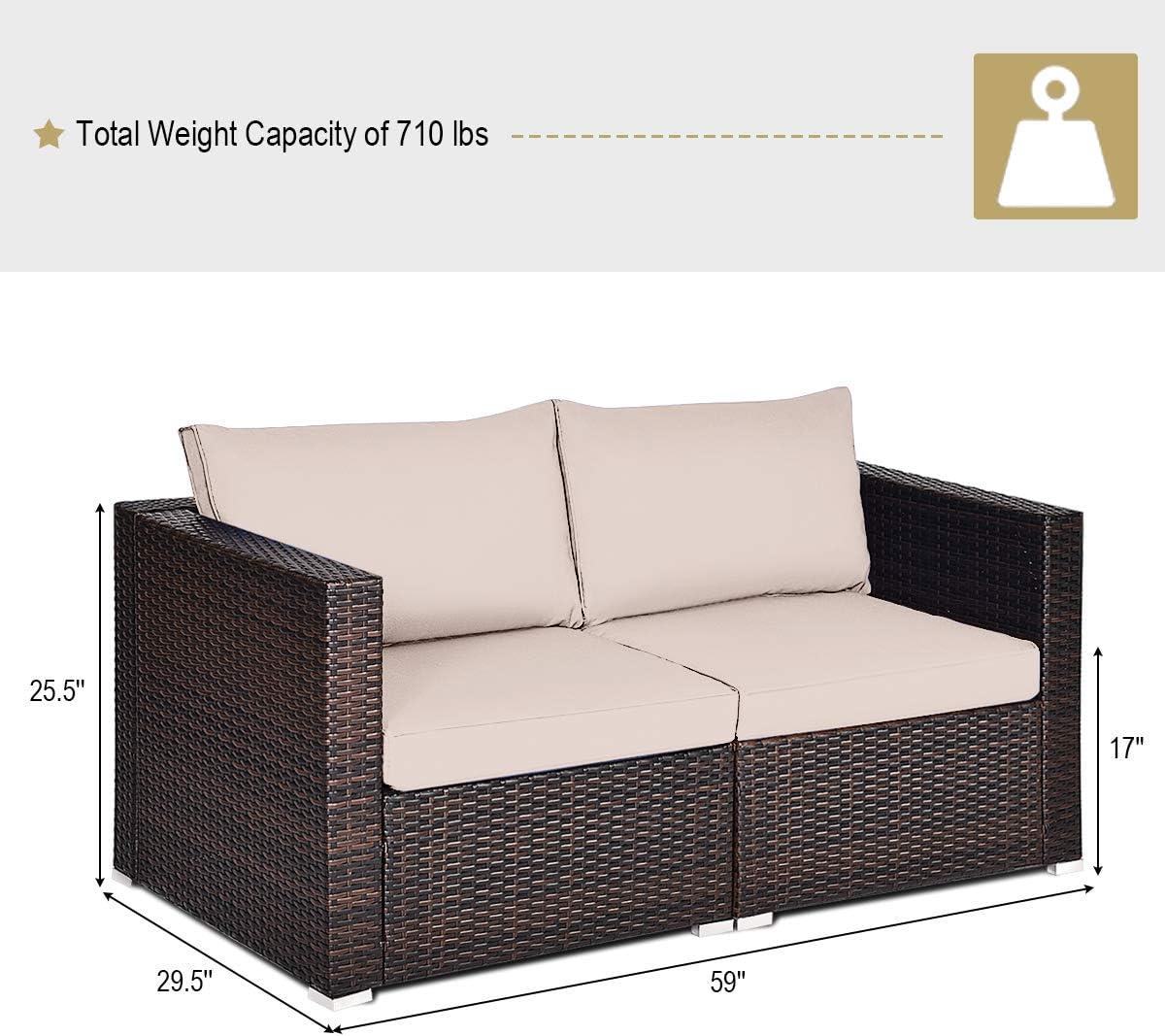 Tangkula 2PCS Rattan Corner Sofa Set Patio Outdoor Furniture Set w/ 4 Beige Cushions