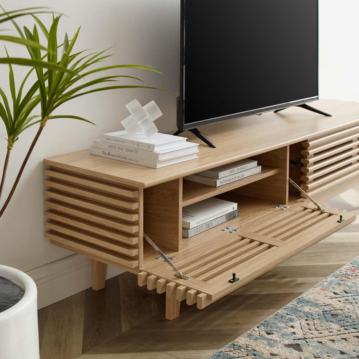 Render TV Stand for TVs up to 80" Brown - Modway: Mid-Century Modern, Adjustable Shelves, Cable Management