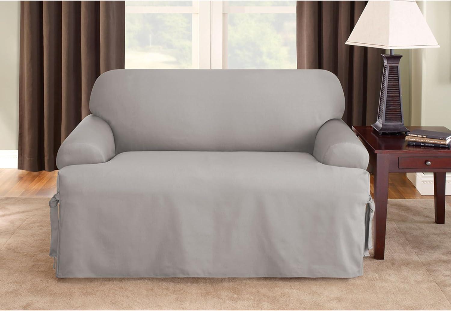 Duck T Cushion Loveseat Slipcover Gray - Sure Fit: Cotton, Indoor Stretch Fit Furniture Protector