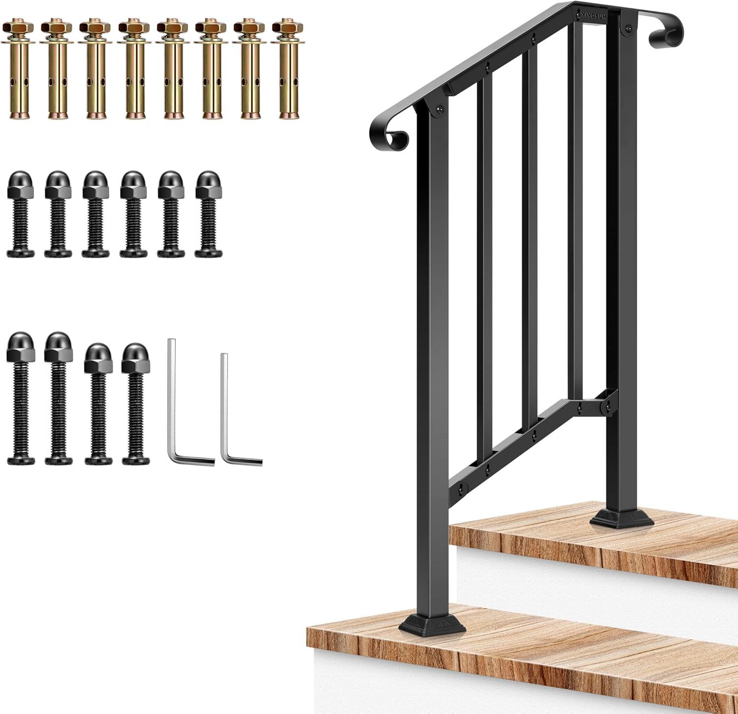 VIVOSUN Outdoor Iron Stair Handrail with Curved Ends and Balusters