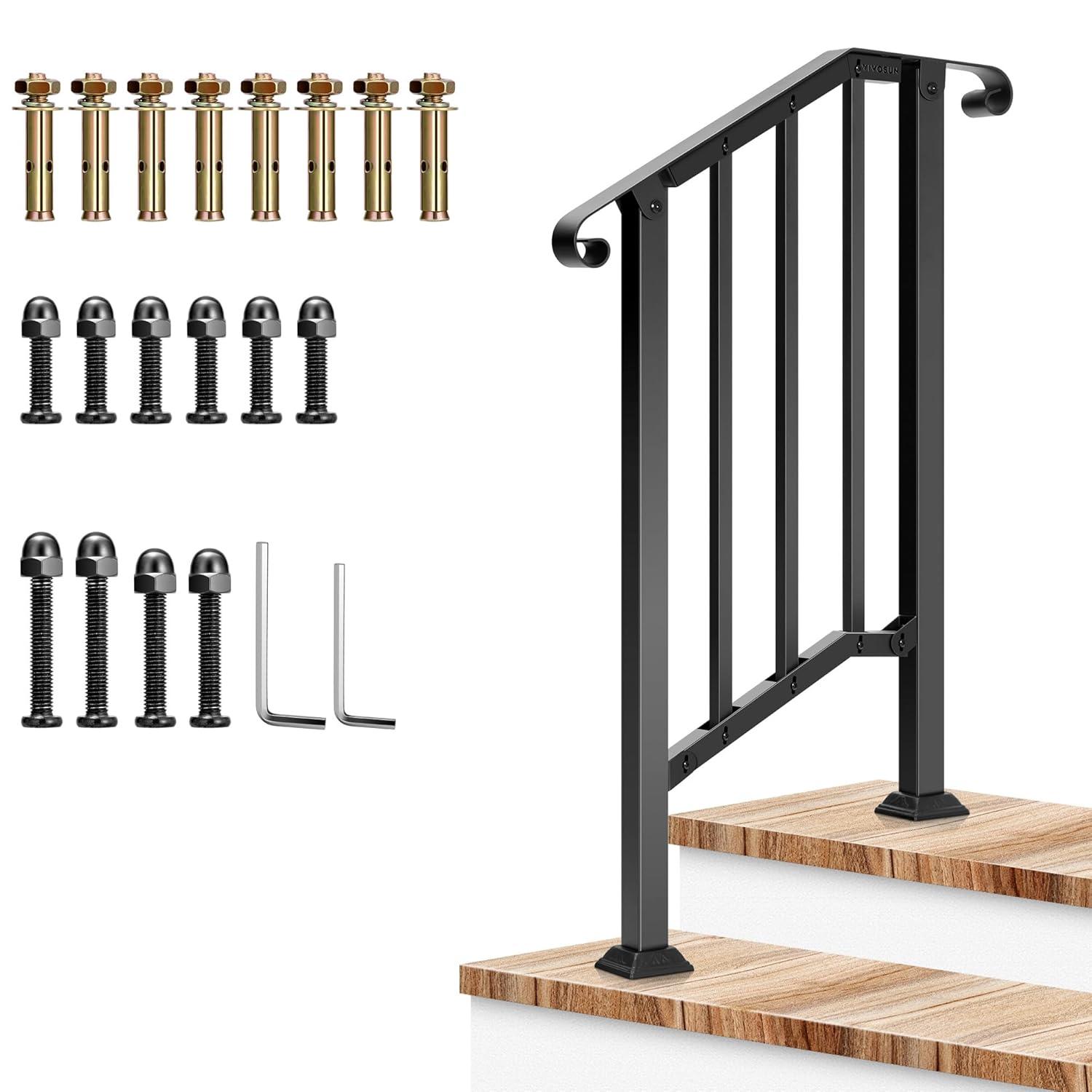 VIVOSUN Outdoor Iron Stair Handrail with Curved Ends and Balusters
