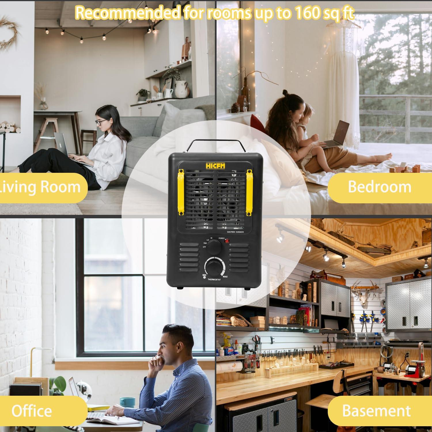 HiCFM Milkhouse Space Heater, 1300W/1500W Electric Heater with Thermostat, Safe and Quiet for Home Office Garage Workshop - UL Safety Listed