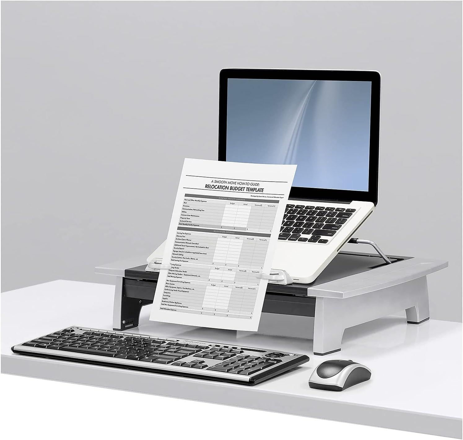 Black and Silver Adjustable Monitor Riser with Document Holder