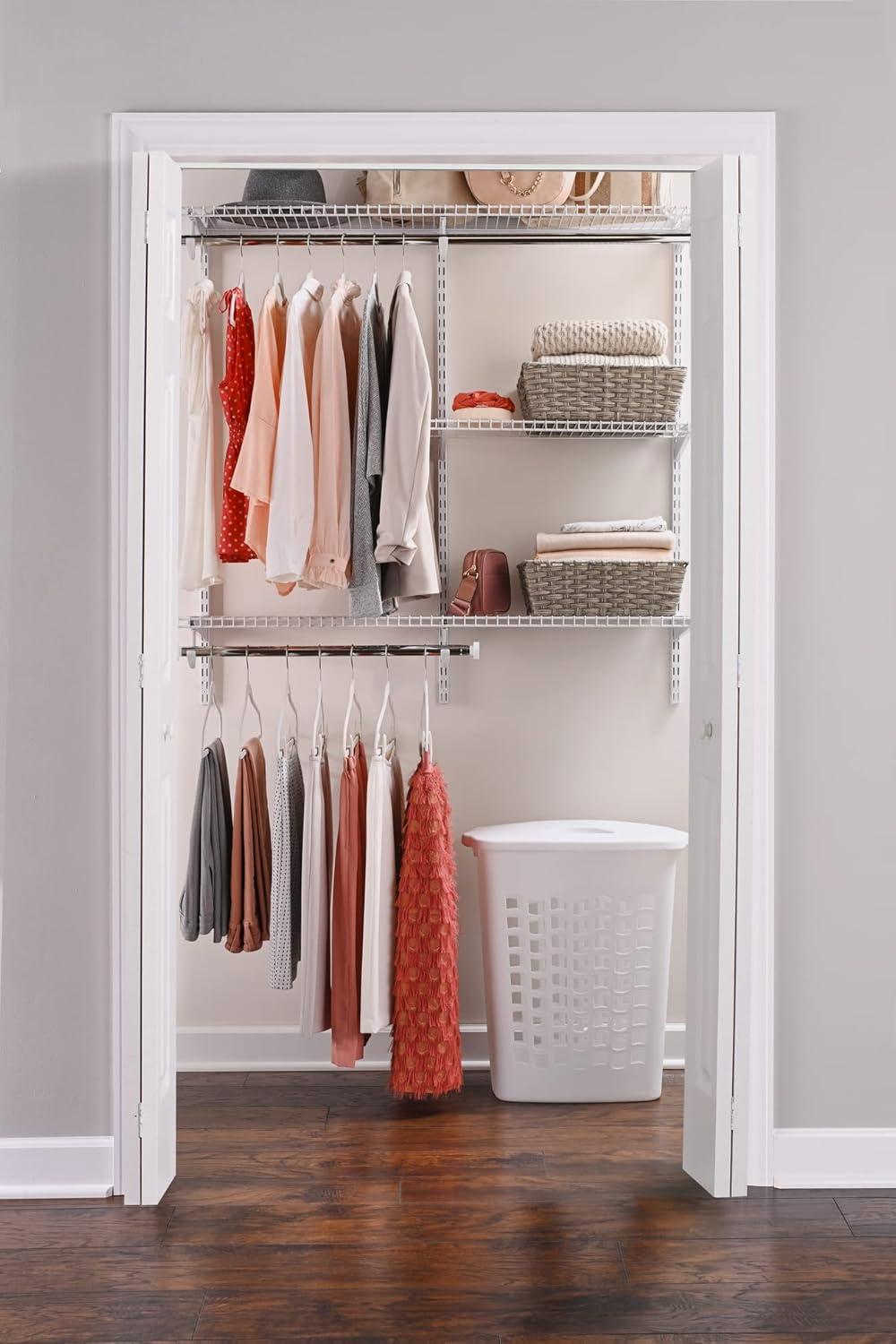 White Adjustable Metal Closet Kit with Shelving and Hanging Storage