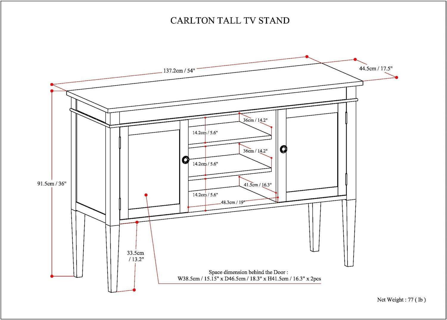 Simpli Home Carlton 54"W Solid Wood TV Stand for TVs up to 60" with 4 Cabinets