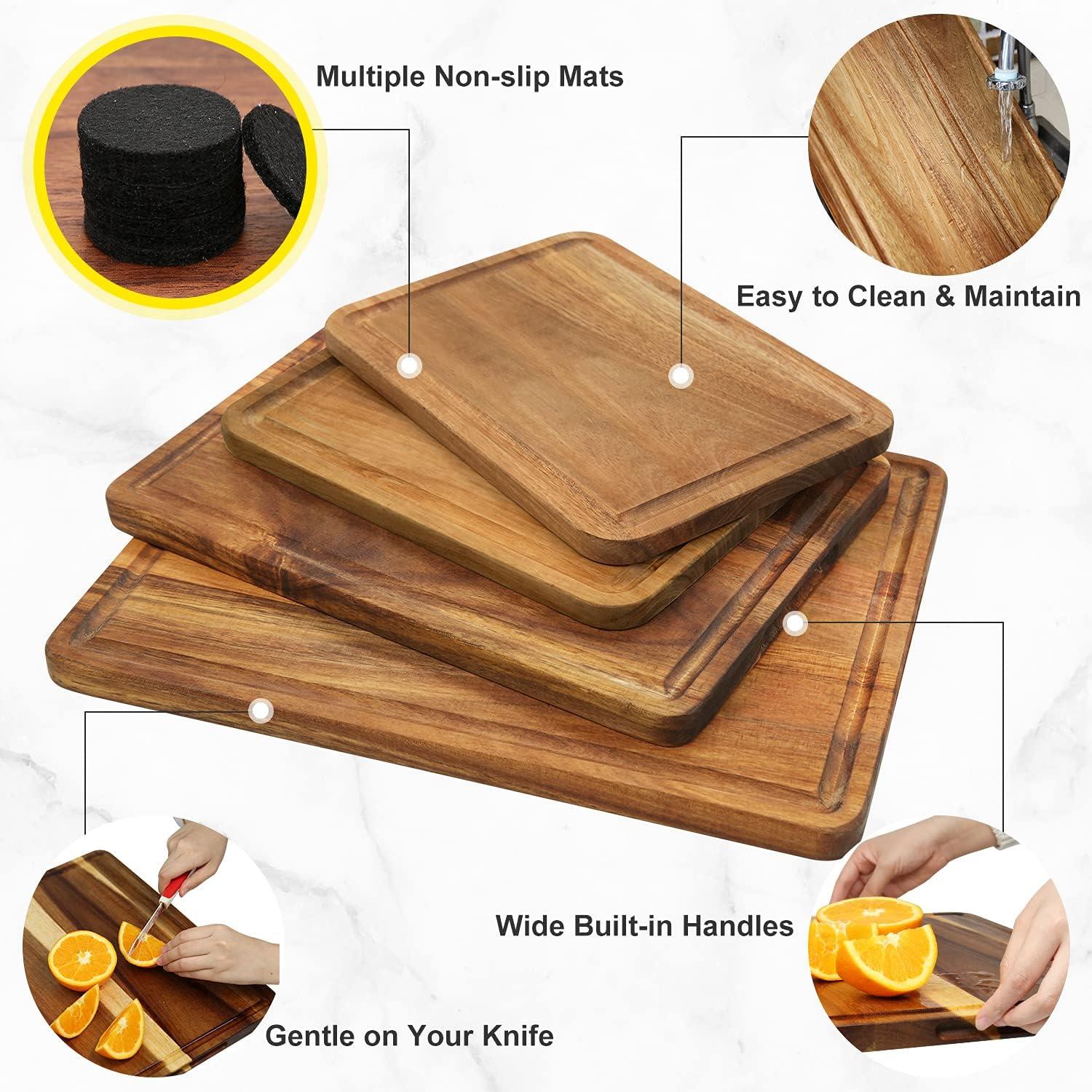 Acacia Wood Non-Slip Cutting Board Set with Juice Groove