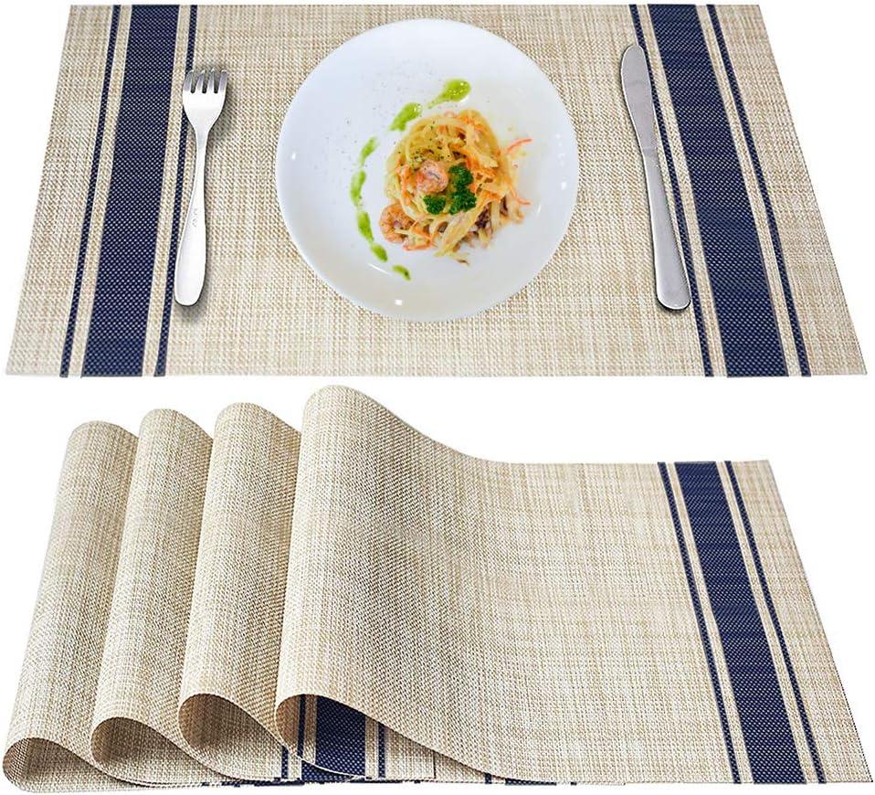 Table Mats Set of 6 Crossweave Woven Vinyl Placemats Heat Resistant Non-Slip Kitchen Placemats for Dining Table Washable Easy to Clean(Blue)