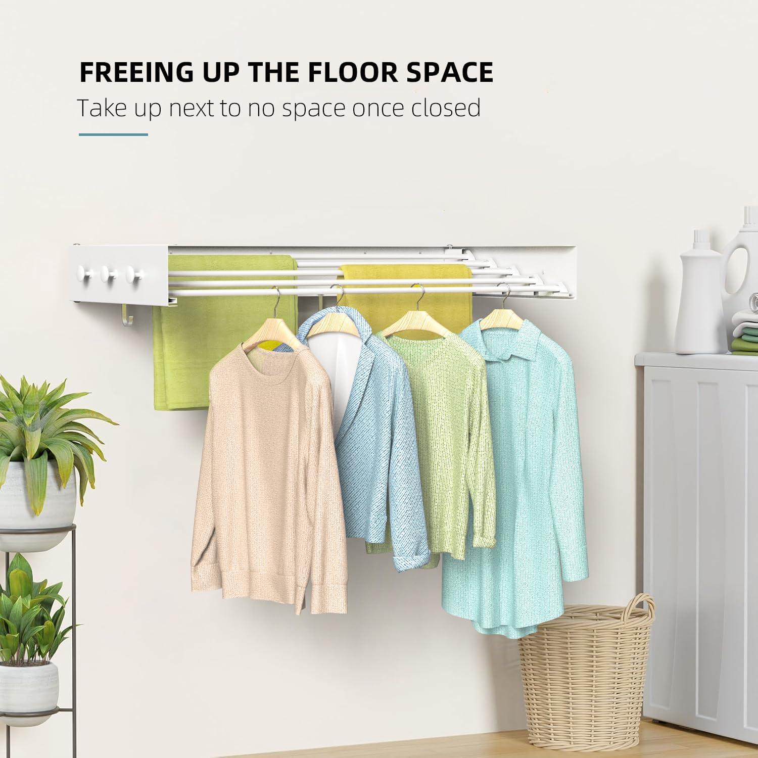 【Upgrade】 Laundry Drying Rack, 31.5" Drying Rack Clothing Wall Mounted,Foldable, 5 Aluminum Rods with 6 Hooks, Space-Saving White Collapsible Drying Racks Hanger for Laundry Bathroom