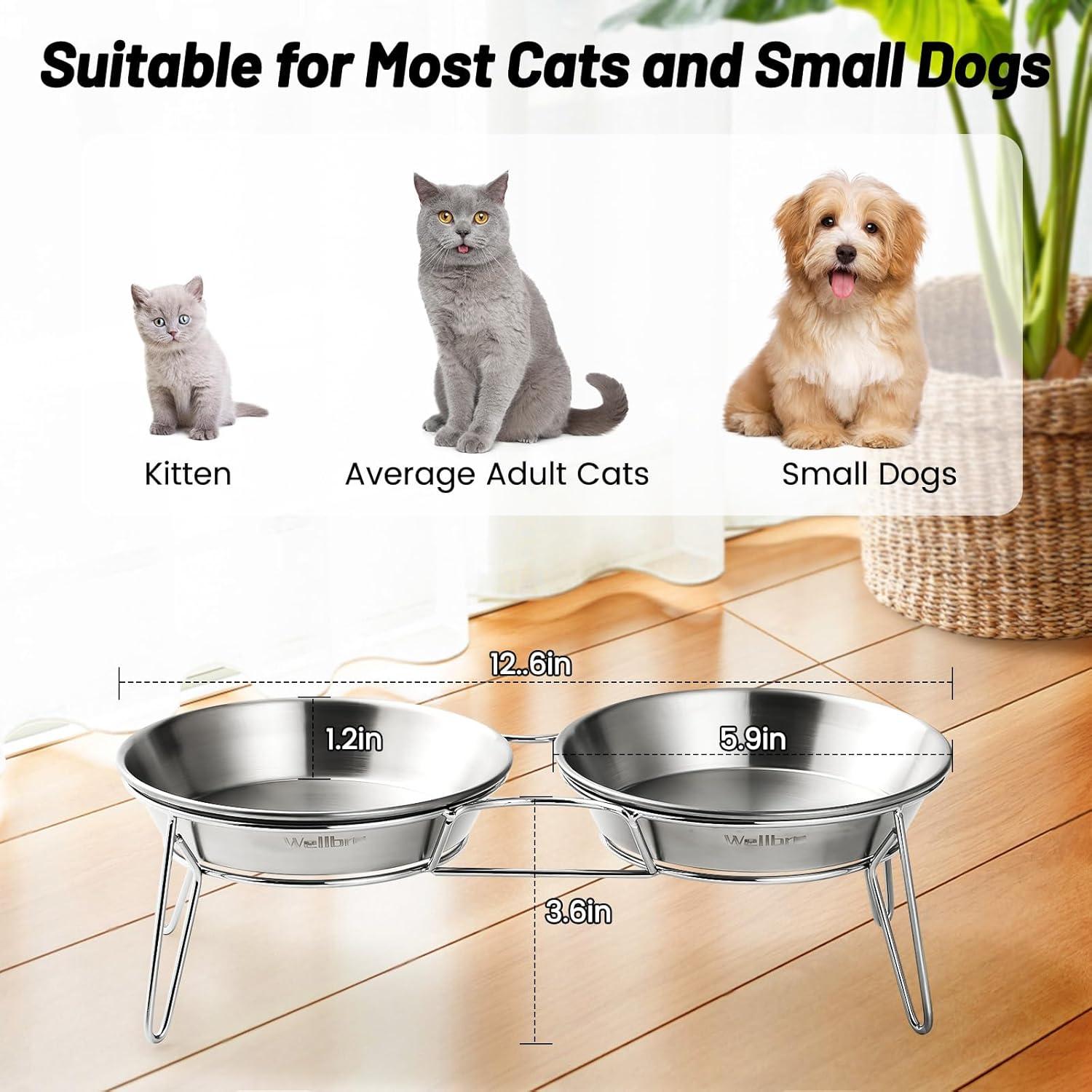 Elevated Cat Bowls, 5.9 Inch Wide Stainless Steel Cat Food Bowls with Metal Stand Whisker Stress-Free, Raised Food and Water Dish for Cats, Kitten, Puppies and Small Dogs-2 Pack