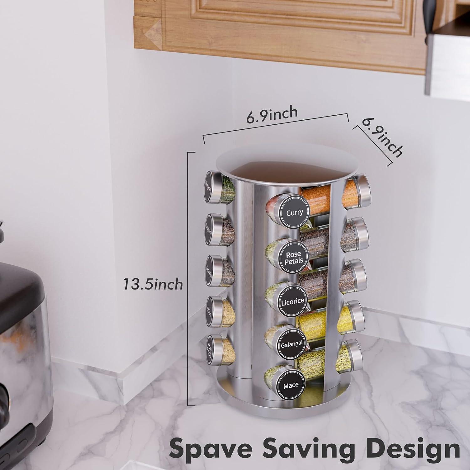 New England Stories Revolving Spice Rack Set with 20 Spice Jars - Kitchen Spice Tower Organizer for Countertop or Cabinet, Includes 386 Spice Labels, Rotating Desktop Seasoning Organizer