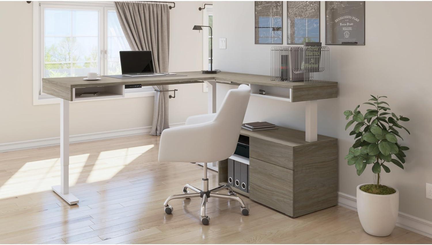 Bestar Logan 66W U or L-Shaped Executive Office Desk with Pedestal and Hutch in bark grey