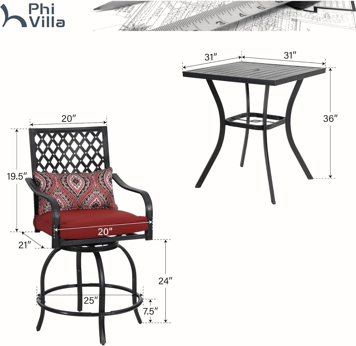 Sophia & William 3 Piece Outdoor Patio Swivel Bar Stools Set & Height Table Backyard Furniture Bistro Set, Red