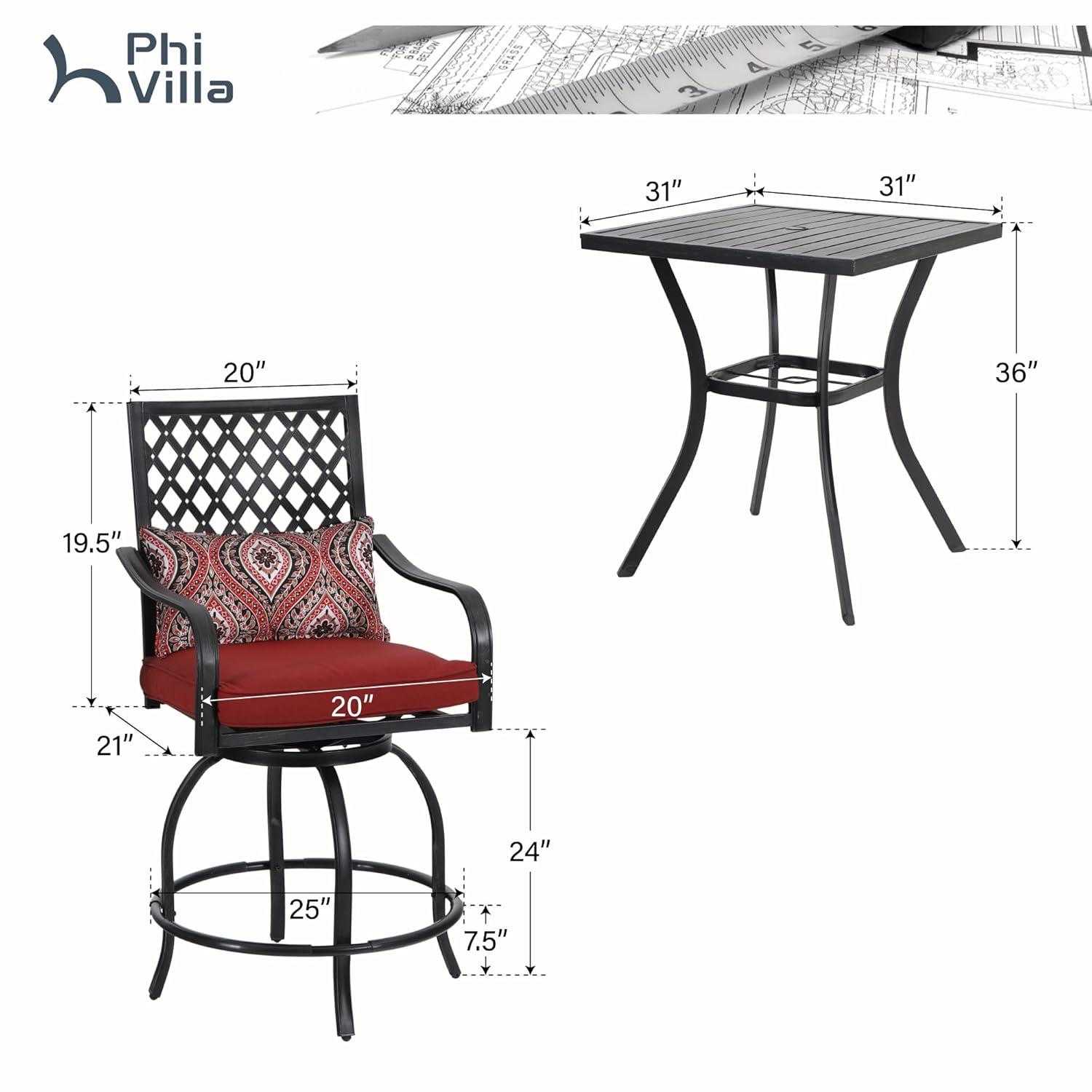 Sophia & William 3 Piece Outdoor Patio Swivel Bar Stools Set & Height Table Backyard Furniture Bistro Set, Red