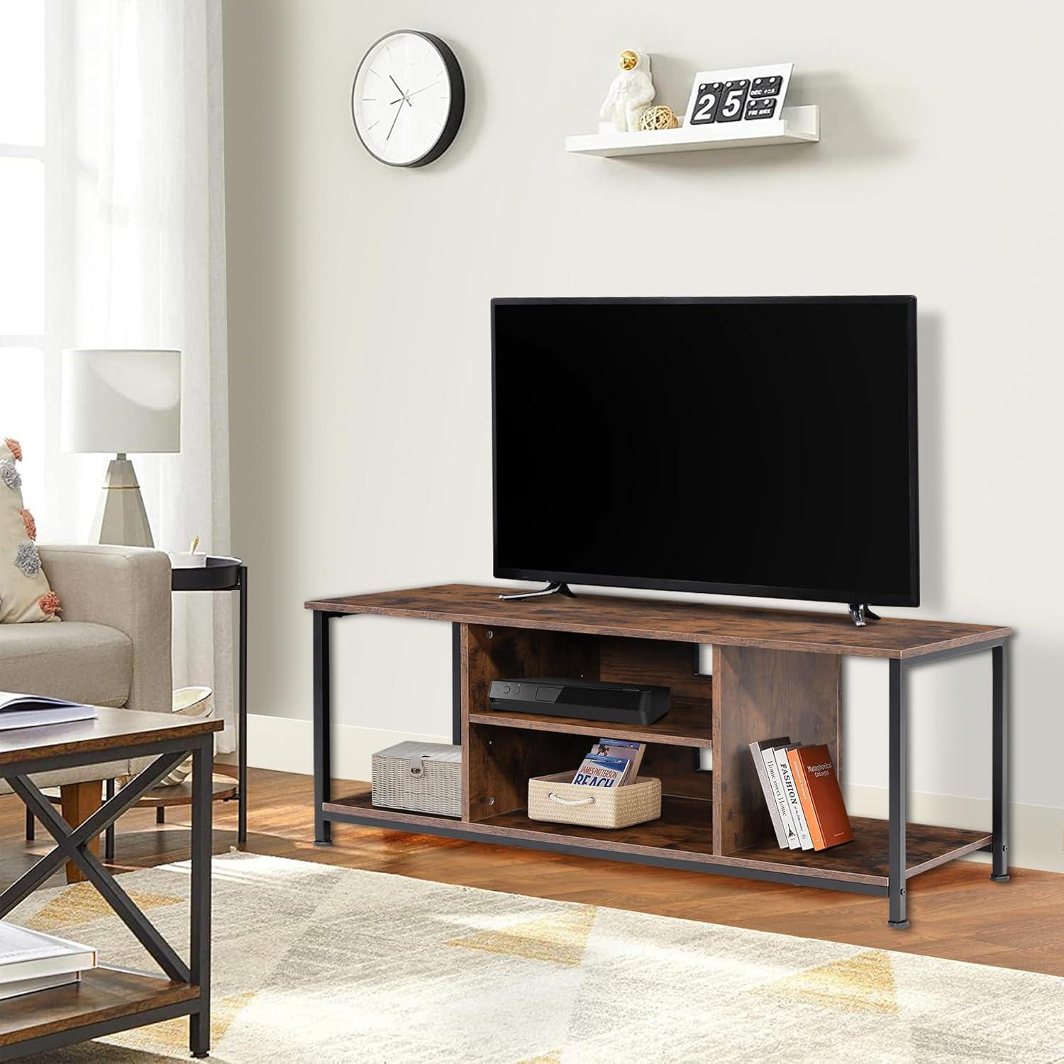 TV Stand for Up to 55 Inch TVs, Accent TV Cabinet with Open Shelf for Living Room, Media Center, Steel Frame, Rustic Brown and Black