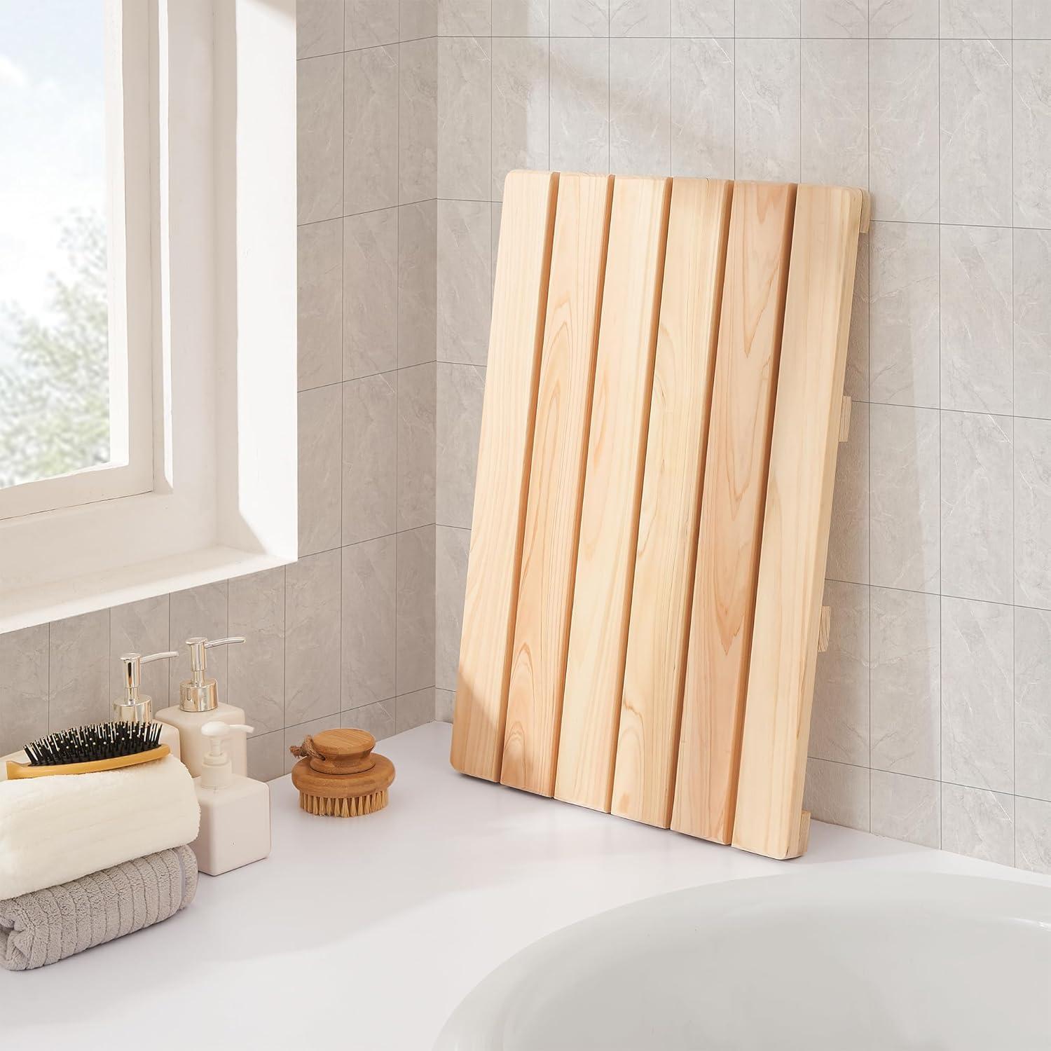 bingaai Hinoki Wood Shower and Bath Mat 25×18.9 in, Natural Japanese Hinoki Wooden Bath Mat, Non-Slip Bathroom Mat Wood for Indoor Outdoor Shower, Wooden Floor Mat for Spa Sauna Camping