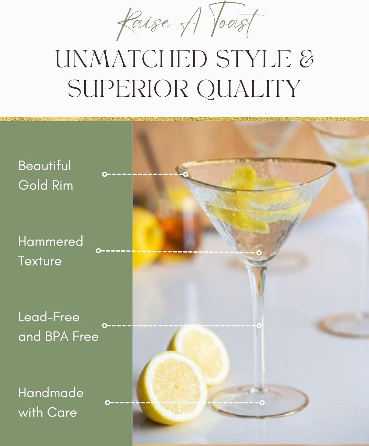 Sisterly Drinkware Clear Hammered Martini Glasses Set of 2 – Handmade Gold Rim Cocktail Glasses with 2 Gold-Plated Picks & 2 Coasters – 8 oz Elegant Barware for Martinis, Cocktails & Mocktails