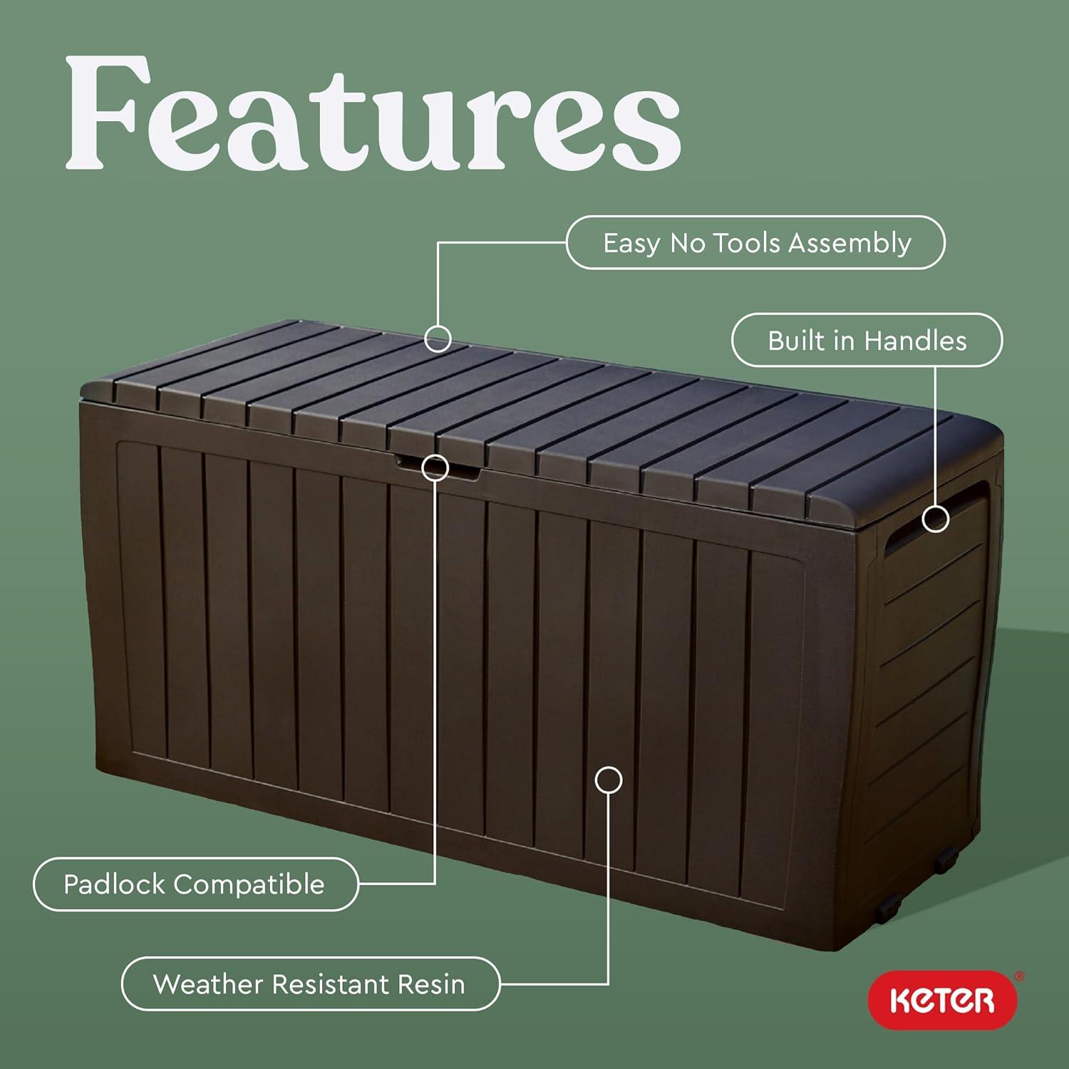 Brown Lockable Plastic Wicker Deck Box with Wheels, 71 Gal