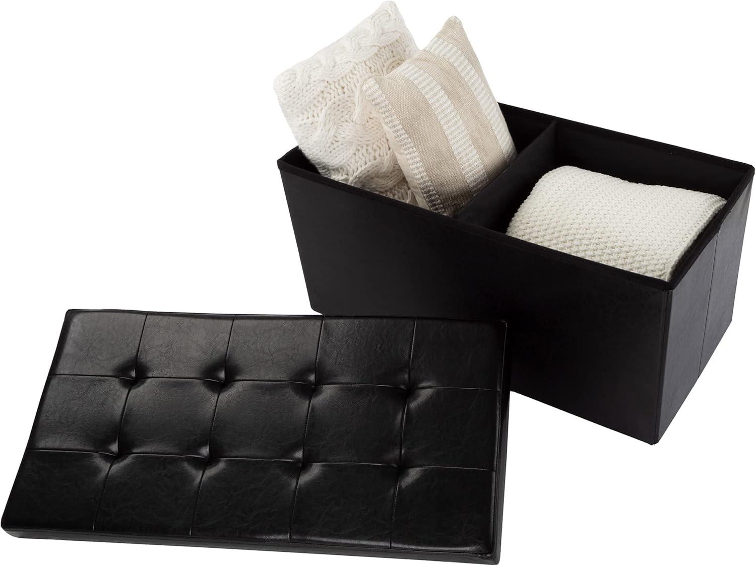 Chic Black Faux Leather 30" Folding Storage Ottoman with Removable Bin