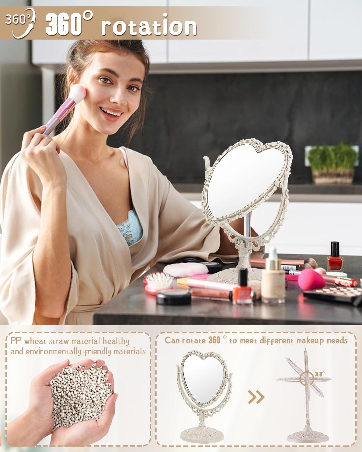 D&XQAUO Vintage Heart Mirror for Desk Cute Coquette Room Decor Small Mirror with Stand,Vanity & Bathroom Double-Sided Rotating Makeup Table Mirror