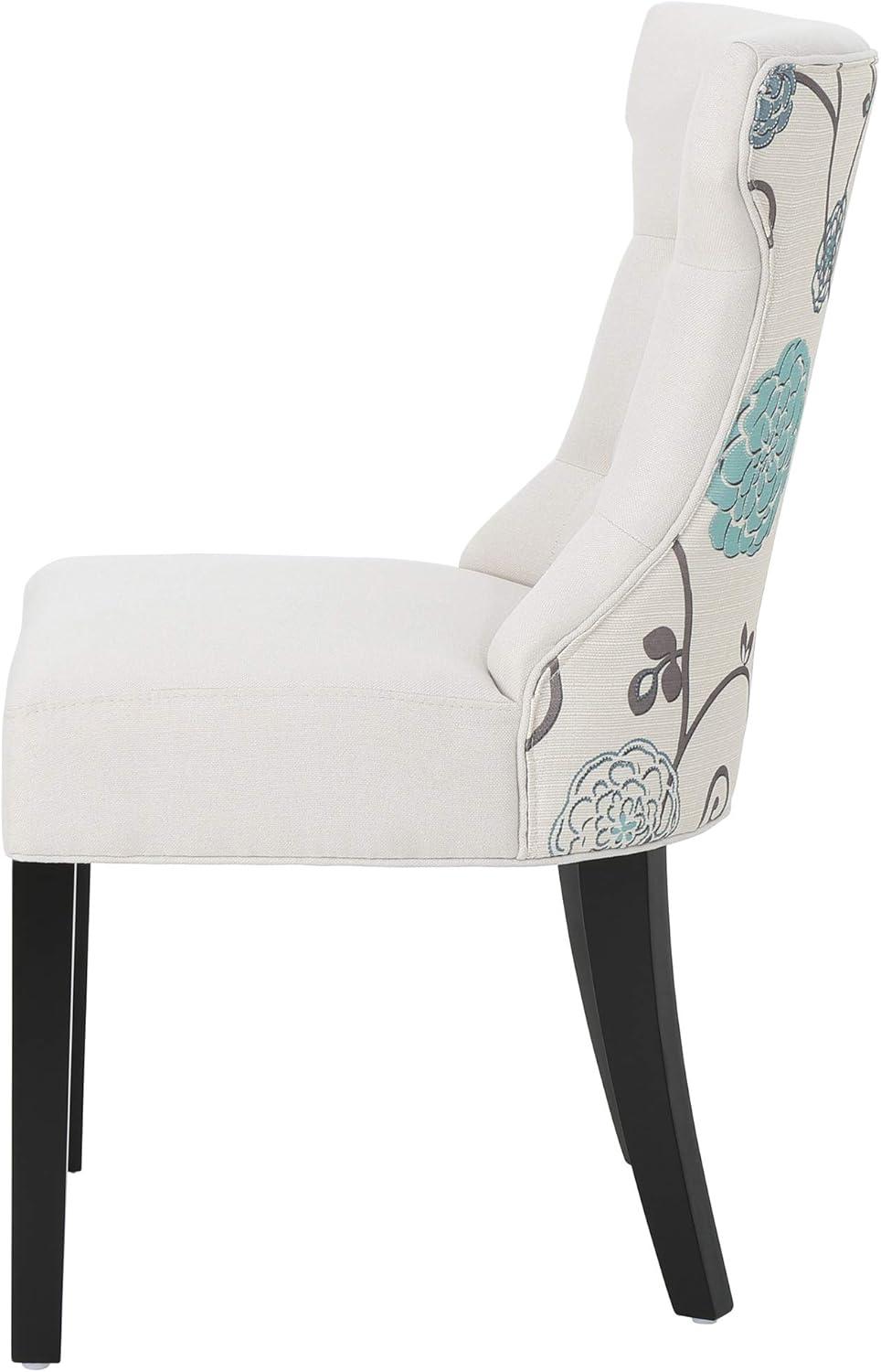 GDF Studio Elouera Contemporary Two Toned Fabric Dining Chairs, Set of 2, Ivory, Light Beige and Blue Floral, and Dark Brown