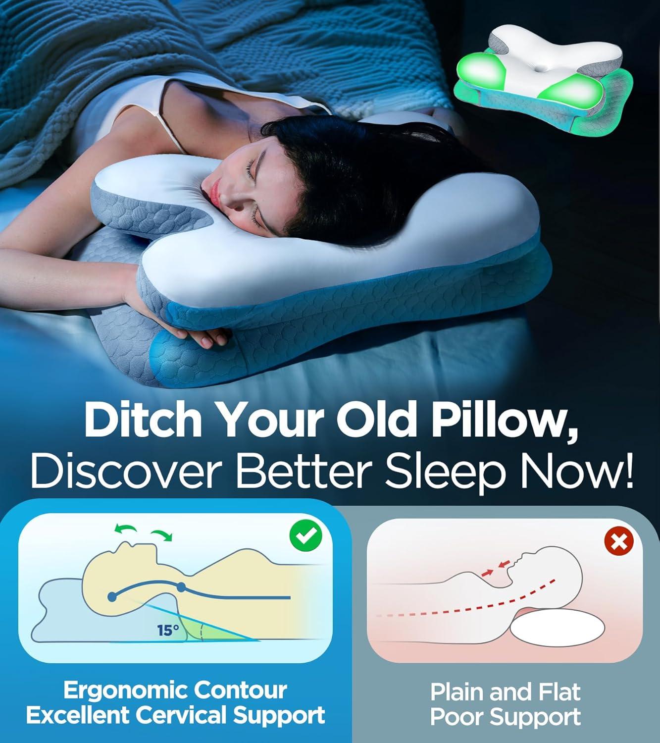 Osteo Enjoy Pain Relief Sleeping Cervical Neck Pillow, Ergonomic Contour Zoned Fits Side Sleeper, Non-Temperature Affected Memory Foam Pillows, Q-max Cooling Pillow Support Back Stomach Sleepers