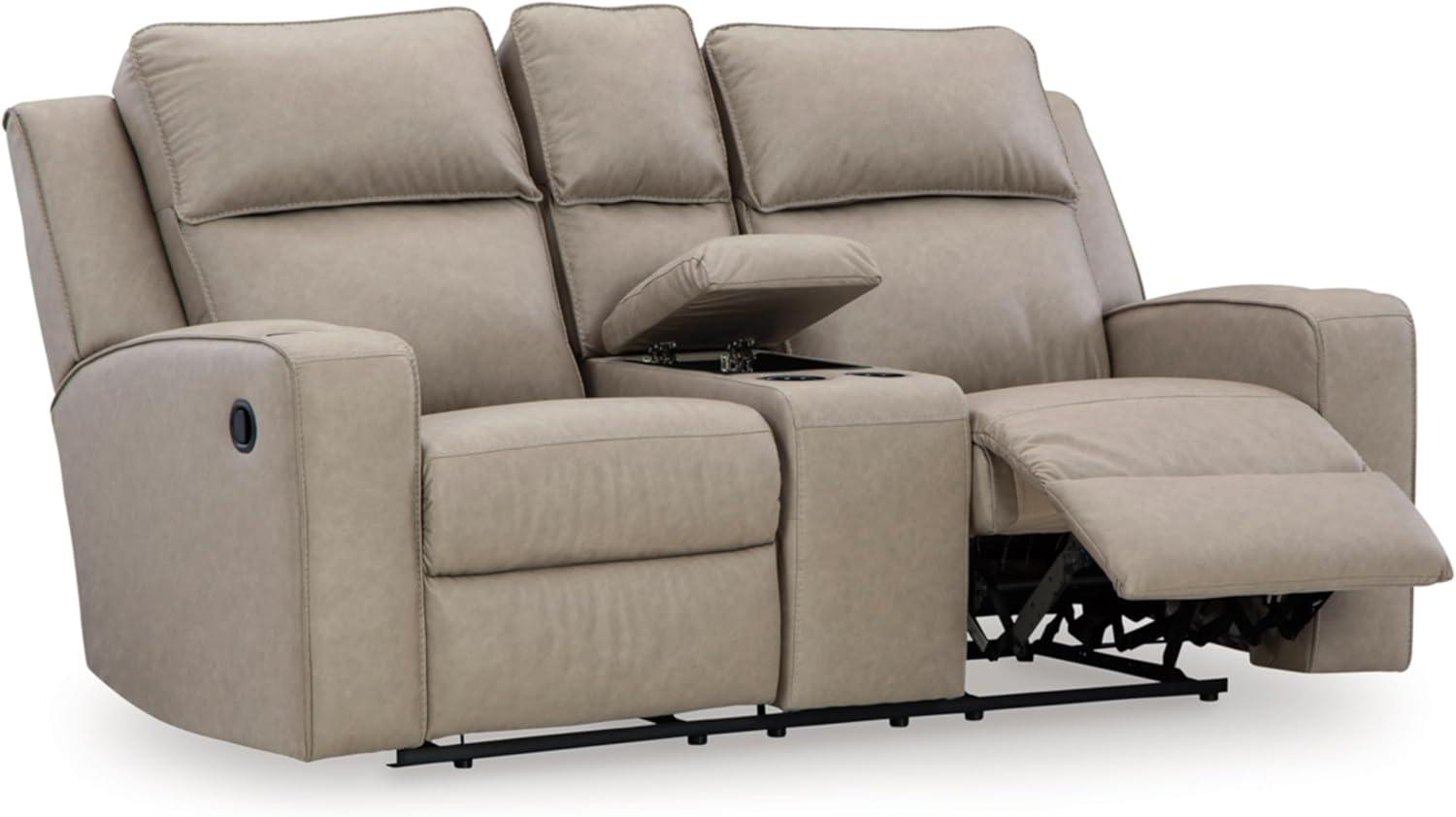 Beige Faux Leather Reclining Loveseat with Storage and Cup Holders