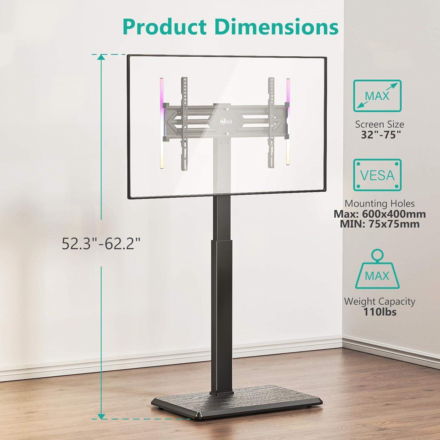 Black Swivel Floor TV Stand with LED Lights for 32-75 Inch Screens