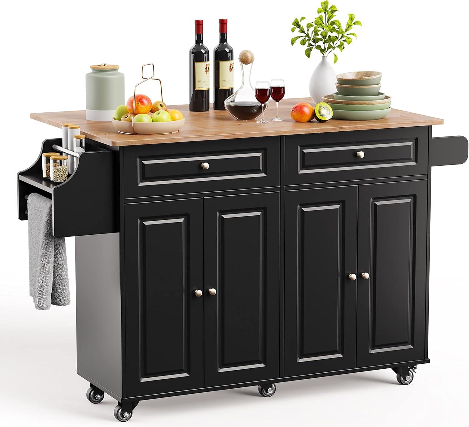 Black Rolling Kitchen Island Cart with Rubber Wood Top and Storage